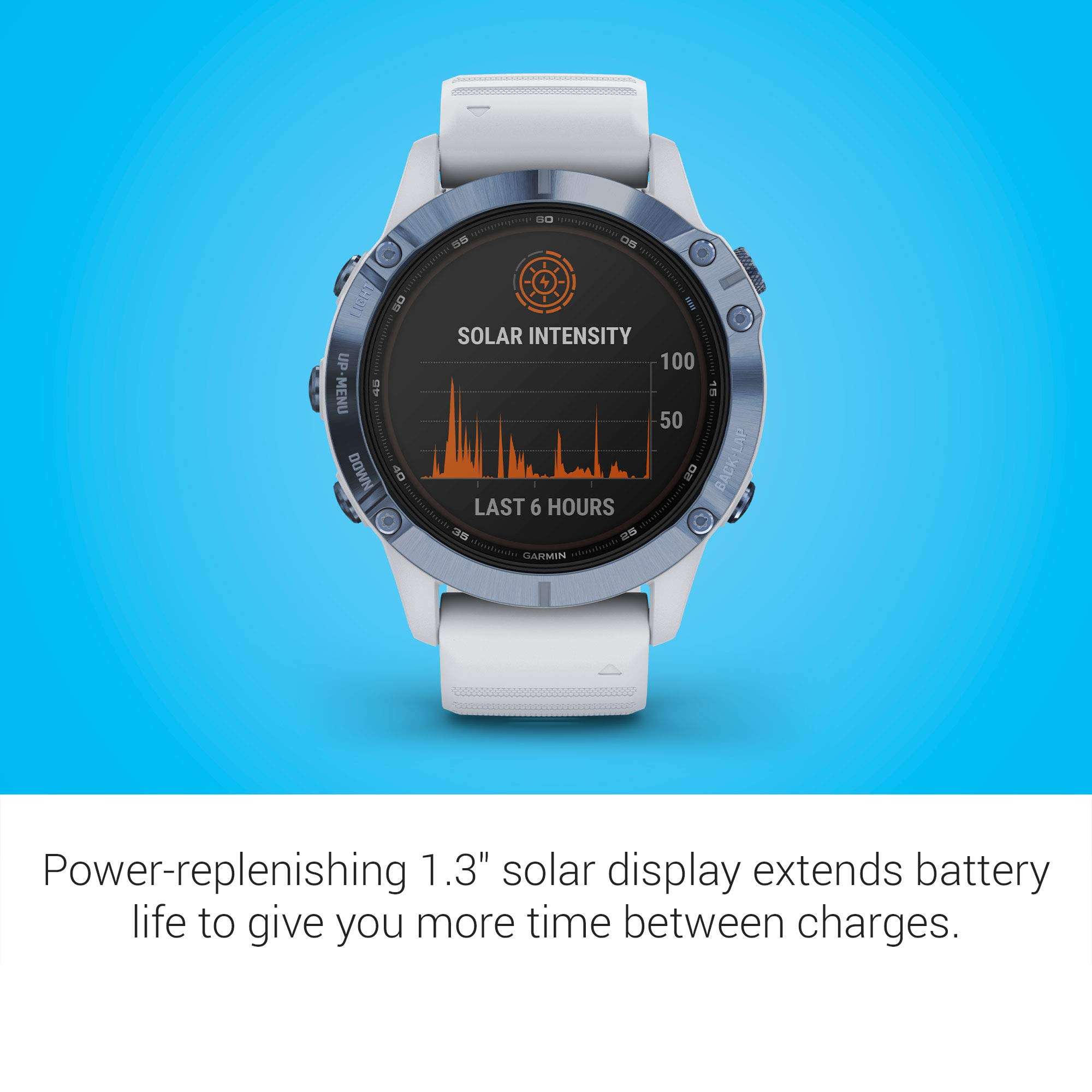 Garmin Fenix 6 Pro Solar, Multisport GPS Watch with Solar Charging Capabilities, Advanced Training Features and Data, Mineral Blue with White Band 2