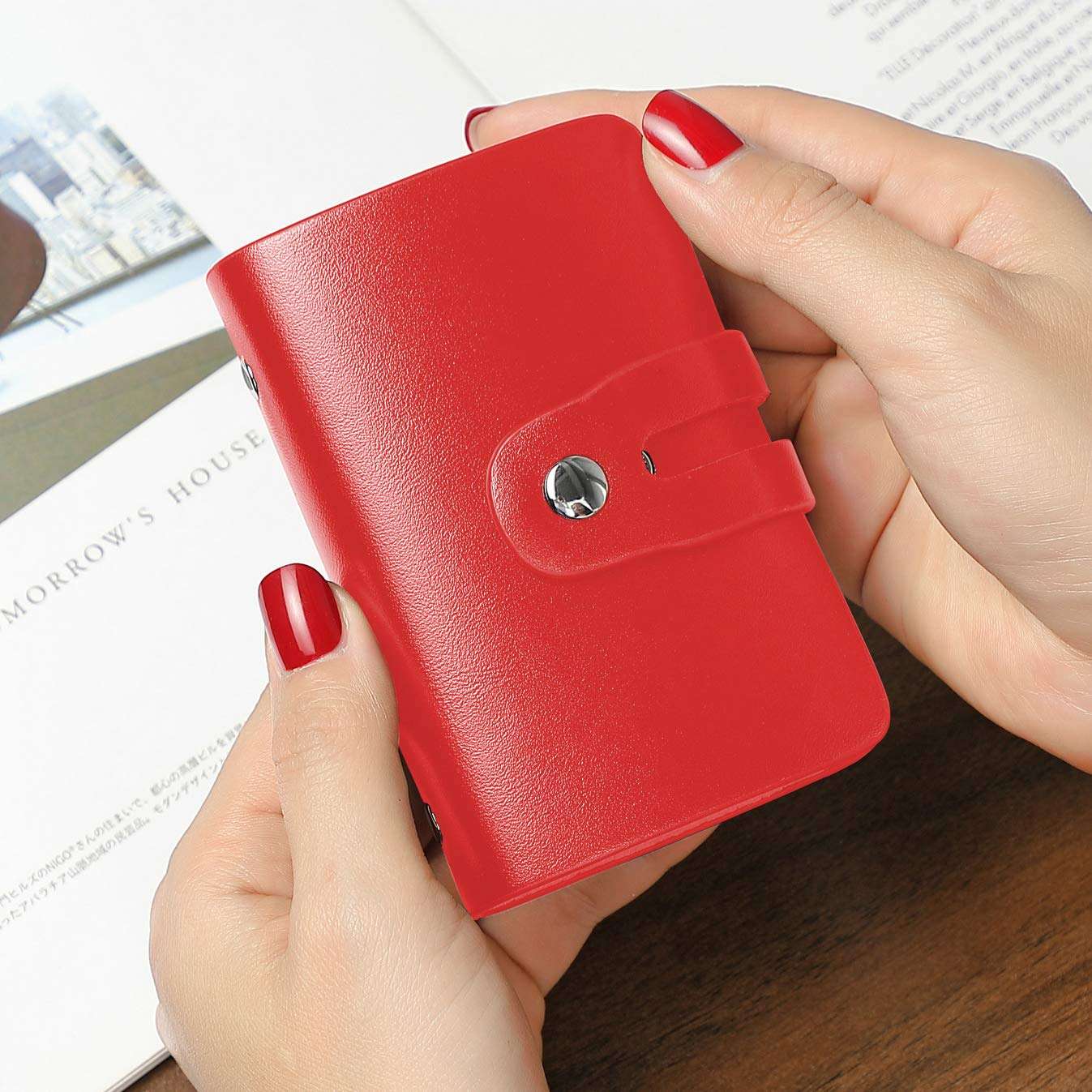 Leather Business Card Organizer, RFID Credit Card Holder with 26 Card Slots, Portable Business Card Holder and Credit Card Organizer for Carrying Business Cards or Credit Cards with You (Red) 3