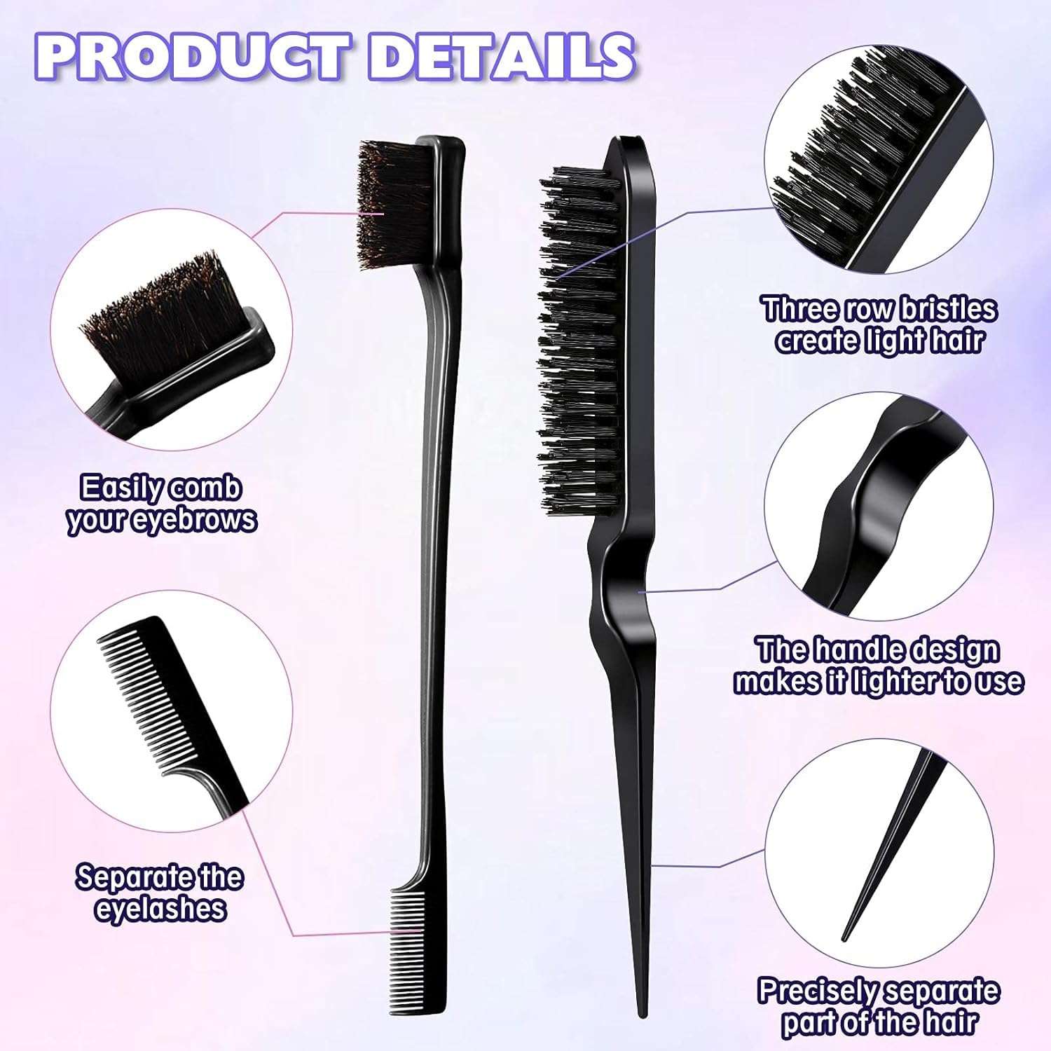 Street27® 5pcs Slick Back Hair Brush Set with 2pcs Topsy Hair Tail Tool | Bristle Teasing Hair Brushes | Edge Brush | Rat Tail Comb For Women Girls Hair Flyaways Styling Edge & Back Combing (Black) 3