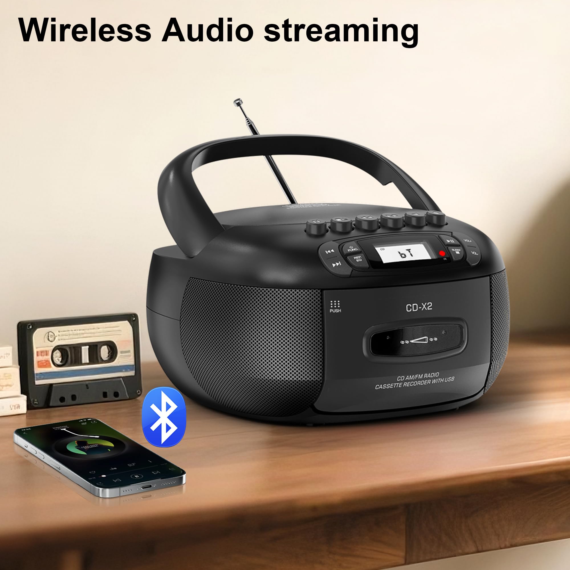Kuephom CD Player Boombox with Cassette Player: Portable CD Boom Box with Bluetooth,FM/AM,Tape Recorder and Remote - USB/MP3/AUX Player with Sleep Timer- AC/Battery Powered for Home/Outdoor/Gift 6