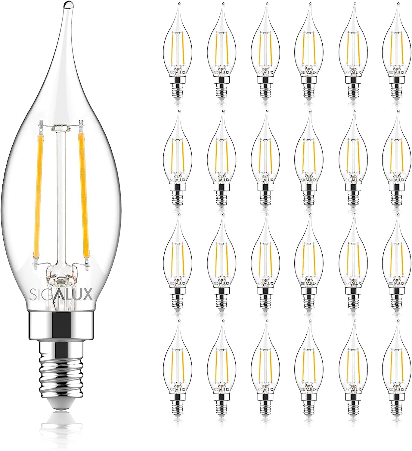 Sigalux E12 LED Bulb Candelabra Base 60 watt LED Chandelier Light Bulbs Dimmable, Flame Tip Candelabra LED Bulbs, 4.5W, 500LM 5000K Daylight, CA10 Candle Light Bulbs, 24 Packs 1