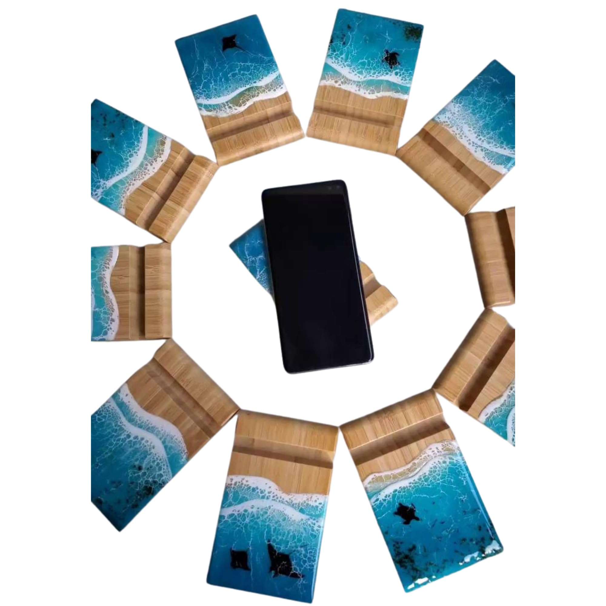 Modern Ocean epoxy resin & wood phone stand for desk, Phone Stand, Stylish & Portable Phone Stand, Best Holiday Gifts for Employees, Gift for Her Him (Ocean Blue) 3