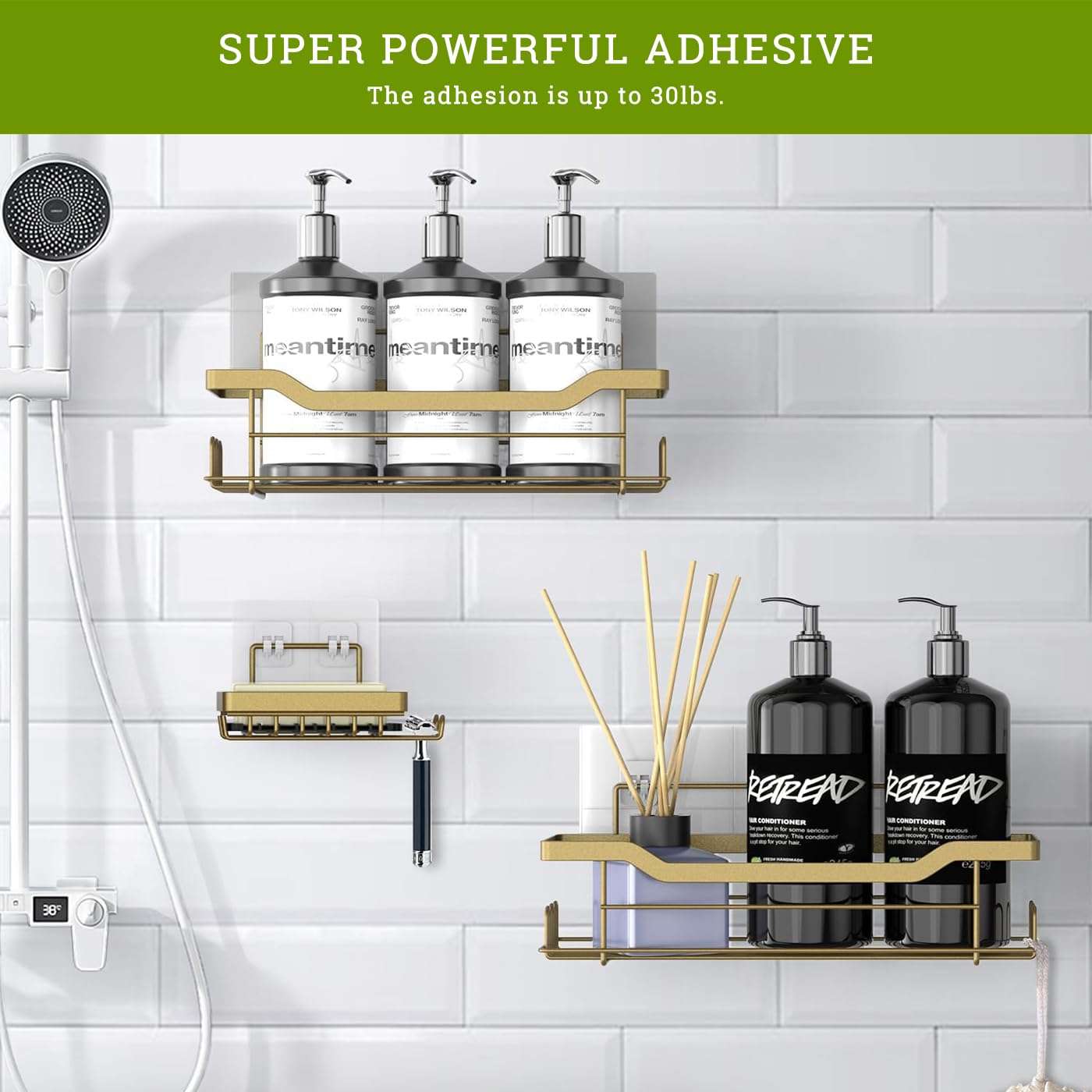 MIUTME 4-Pack Shower Caddy Adhesive Replacement, Strong Adhesive Hooks Strips,Transparent Shower Shelf Adhesion Stickers No Drilling,for Soap Holder, Bathroom Corner Shelves and Kitchen Racks 6