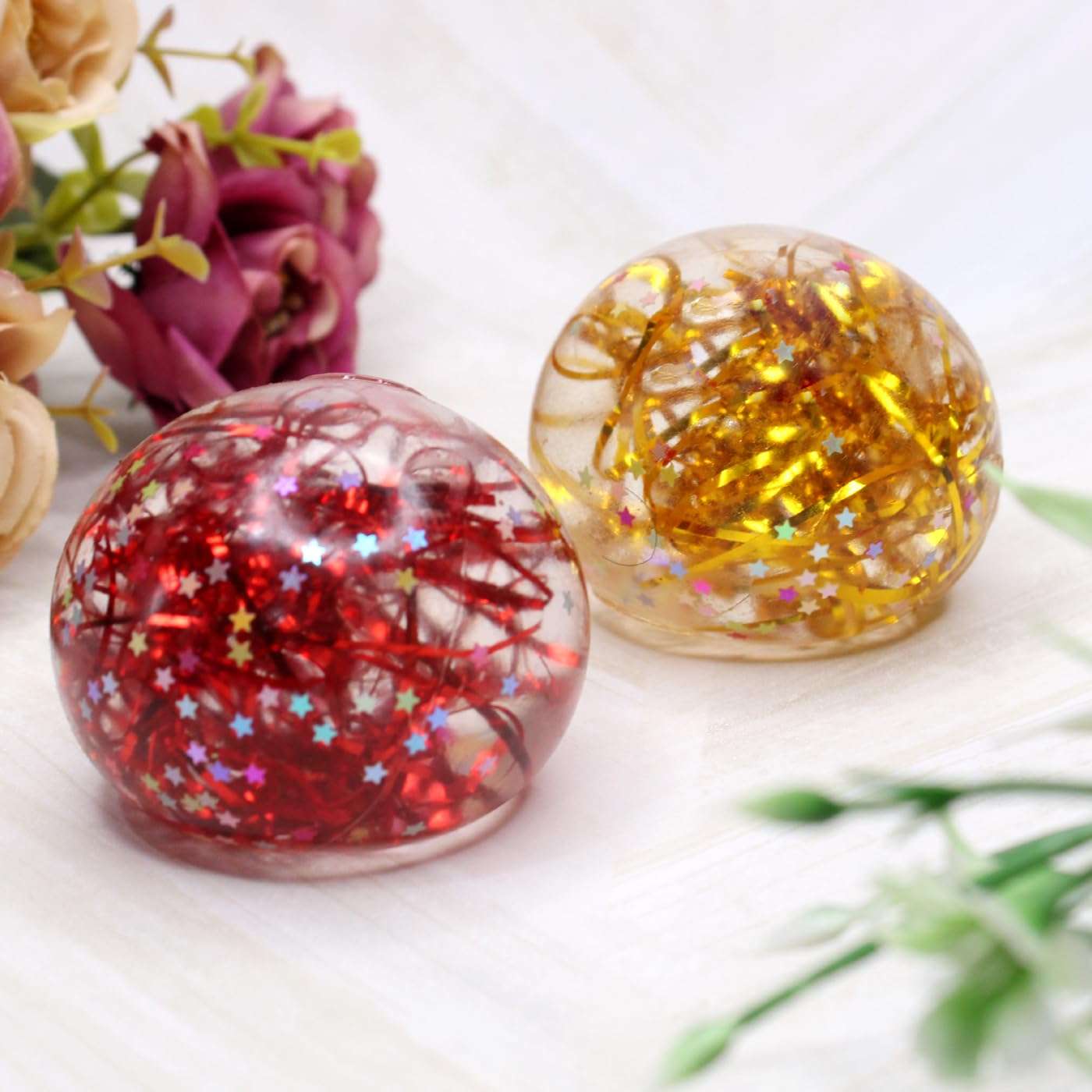 Pelo Set of 2 Squishy Glitter Stress Ball/ Stress Relief Ball/ Squeeze Ball/ Mesh Squishy Ball Relieve Anti-Stress Anti Anxiety for Kids and Adults Pack of 1 1