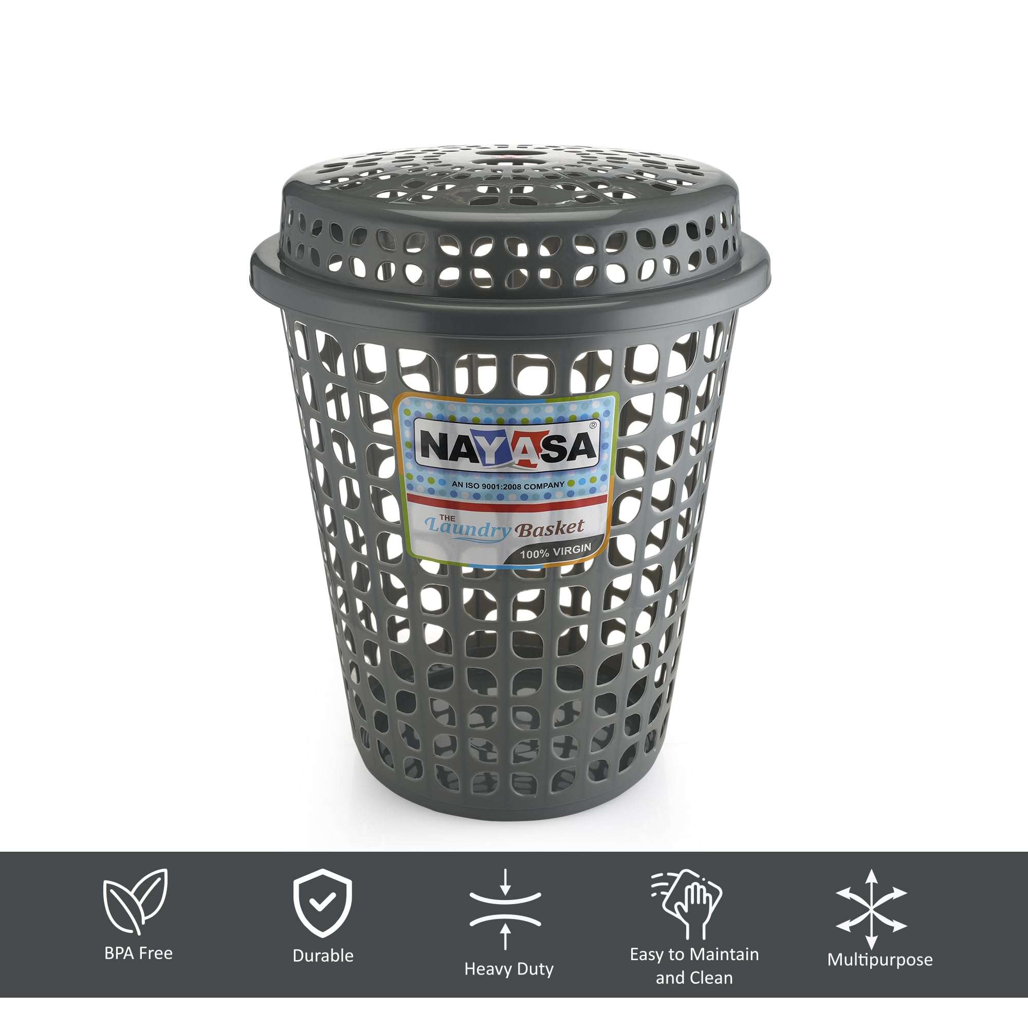 Nayasa Round Petal Laundry Basket with Lid | 44 Ltrs | Plastic Basket for Clothes, Toys & Household Utility | Stylish & Durable Organizer for Bedroom, Bathroom & Living Room | Grey 4