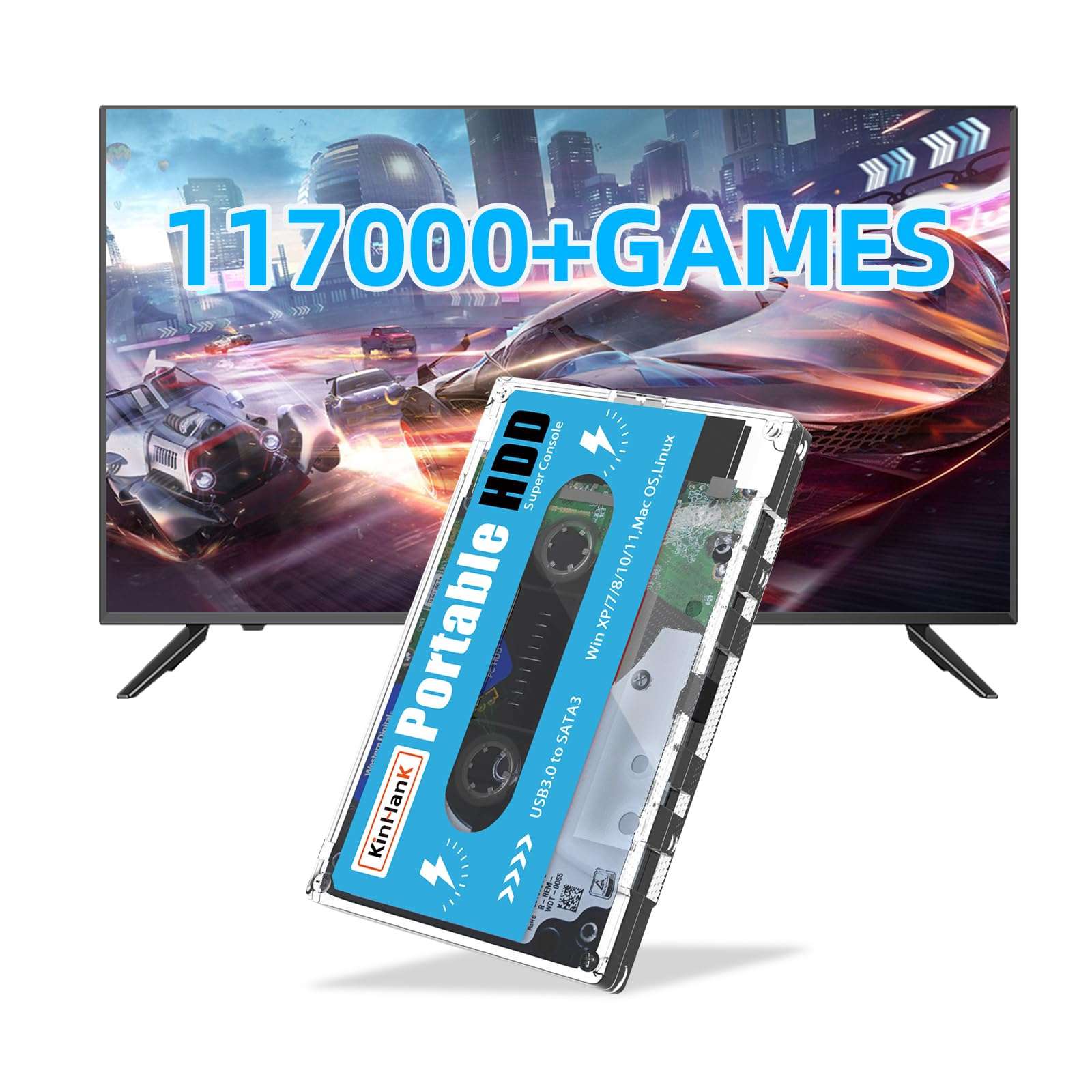 Kinhank 500GB HDD External Hard Drive with Batocera 33,111700 Retro Games,Retro Game Console Compatible with Most Emulators,SATA 3.0,for Laptop/PC/Windows/Mac OS,Plug & Play 1