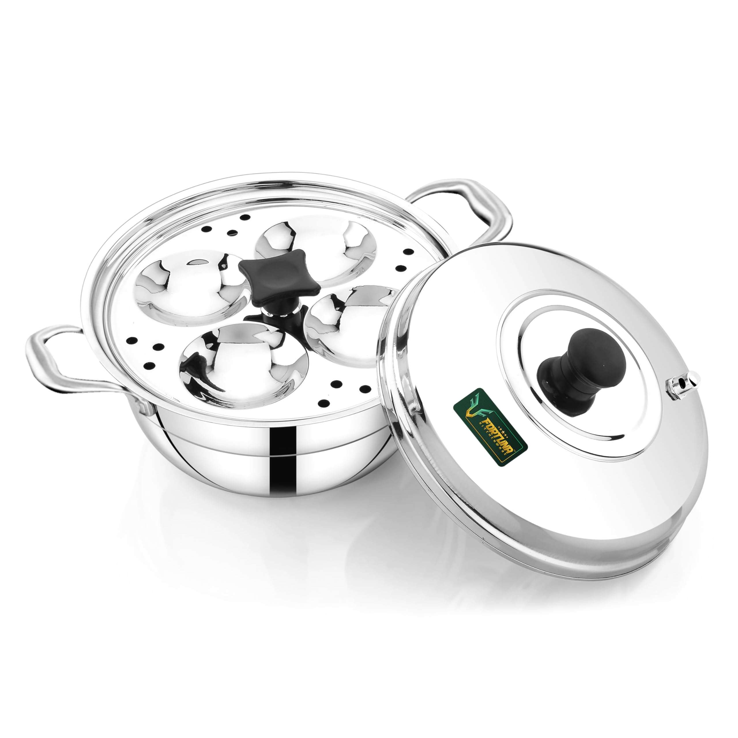 Fortuna Stainless Steel Multi Purpose Kadai with Steel Lid, Idli Maker Steel 2 Idli Plate 8 Cavity Idli Cooker Stainless Steel Idly Pot 2
