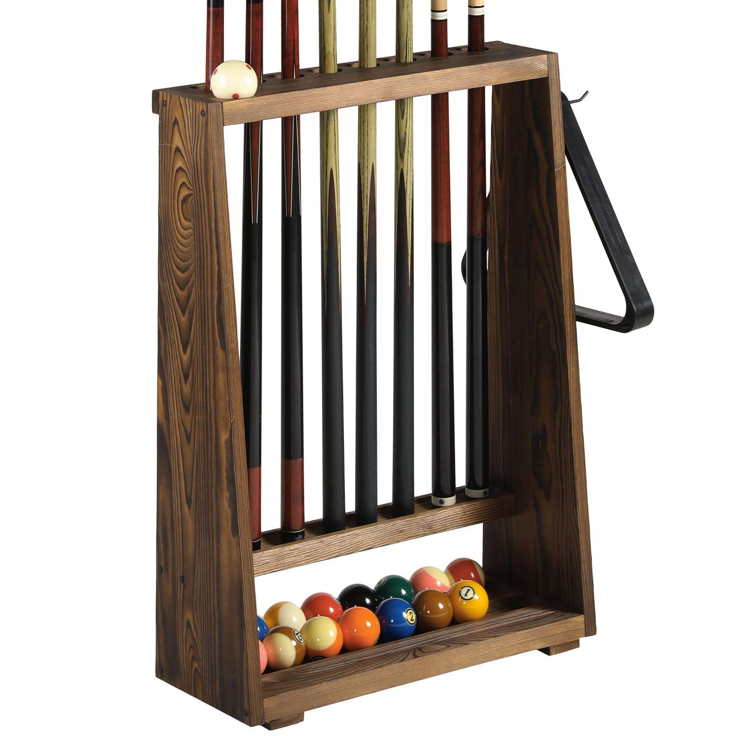 MyGift Rustic Burnt Brown Solid Wood Freestanding Billiards Acessories Storage Rack - Floor Standing Pool Cue Holder, Ball Shelf, and Triangle Hook 2