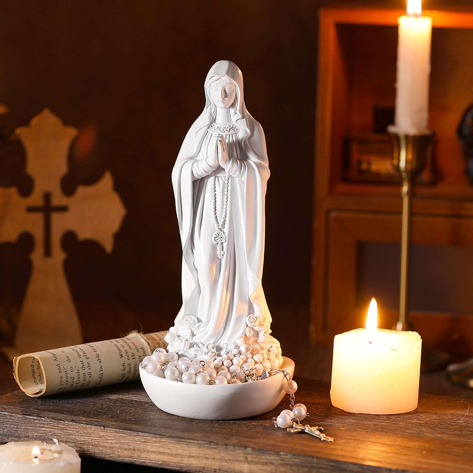 Wonderjune Our Lady of Lourdes Statue Figurine 8'' Bright Ivory Virgin Mary Statue Blessed Catholic Mother Mary Garden Statue Resin Stone Tabletop Rosary Holder Home Office Religious Gifts Decor 5