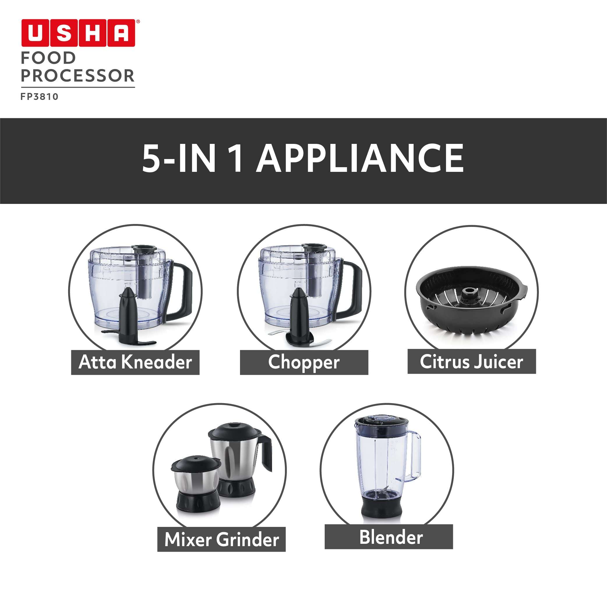 Usha FP 3810 Food Processor 1000 Watts Copper Motor with 13 Accessories(Premium SS Finish), Black and Steel 4