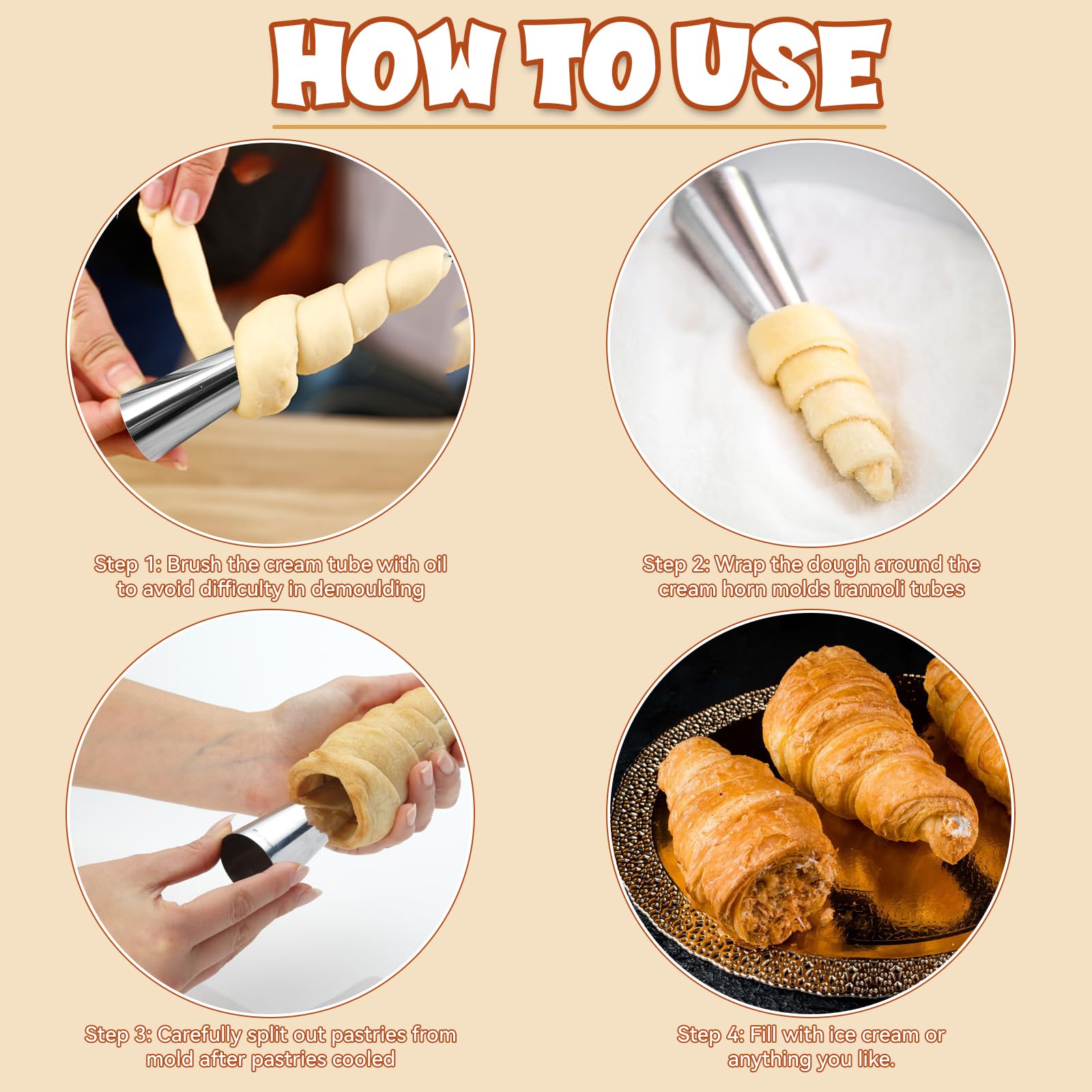 10Pcs Cream Horn Molds Forms 5 Inch, Non-stick Cream Horns Pastry Mold Croissant Baking Forms Stainless Steel Cannoli Tubes Ice Cream Cone Molds for Baking Croissants, Ice Cream Cone Party Dessert 4