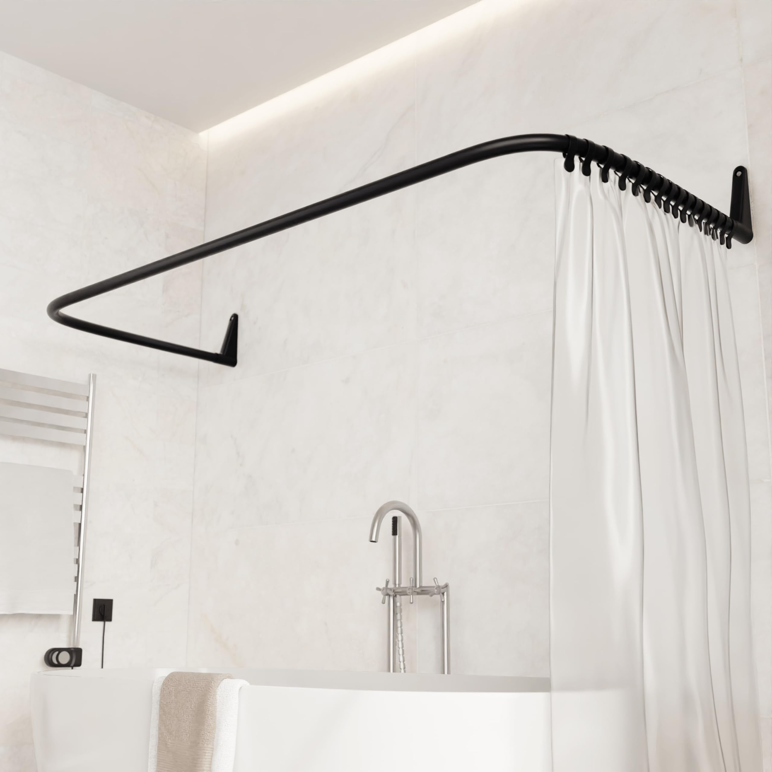 Erica 4 in 1 L & U-Shaped Shower Curtain Rod for Bathtubs, 27.5x65x27.5 Inches, Wall-Mounted Shower Curtain Pole, No Ceiling Support Needed, Curved Shower Rail, Black Powder-Coated Steel