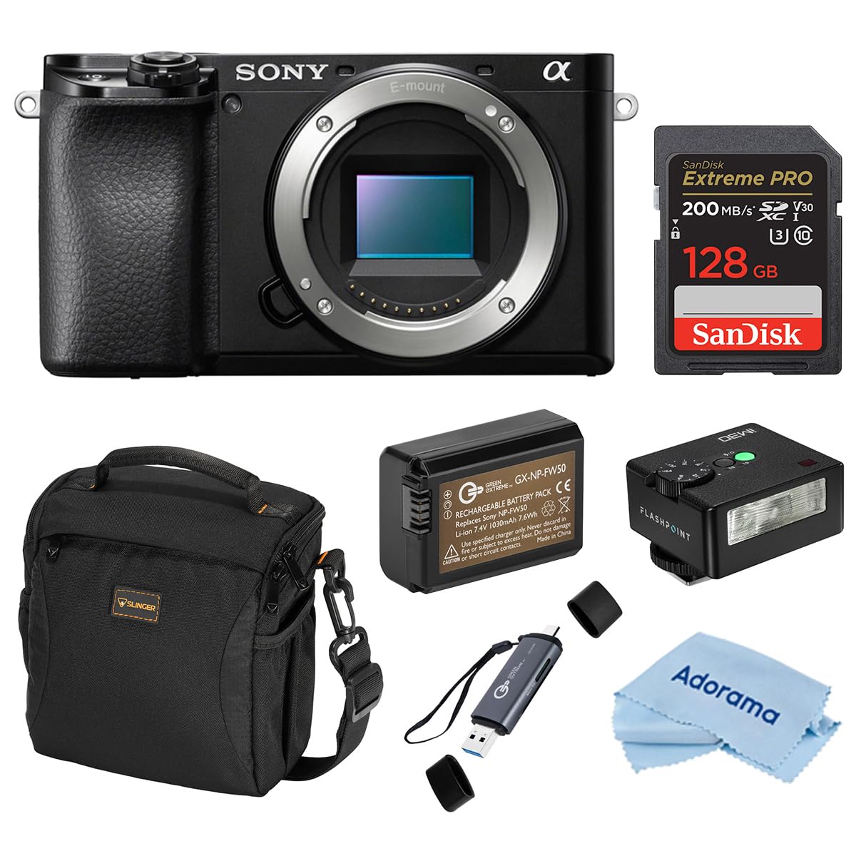 Sony Alpha a6100 Mirrorless Camera, Bundle with iM30 Mini Flash, 128GB SDXC Memory Card, NP-FW50 Battery 1