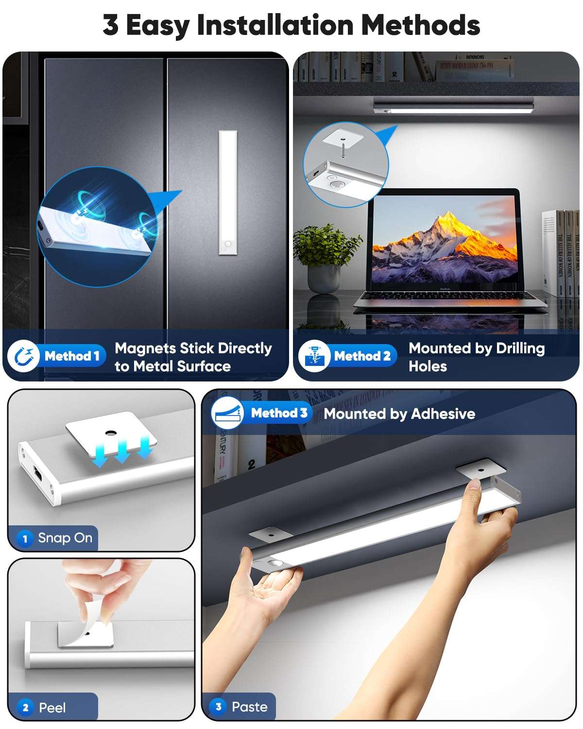 12'' Under Cabinet Lights, 2500mAh LED Battery Operated Rechargeable Motion Sensor Lights Indoor, Magnetic Dimmable Closet Light, Wireless Under Counter Cupboard Night Light for Kitchen, Stair, 3 Pack 5