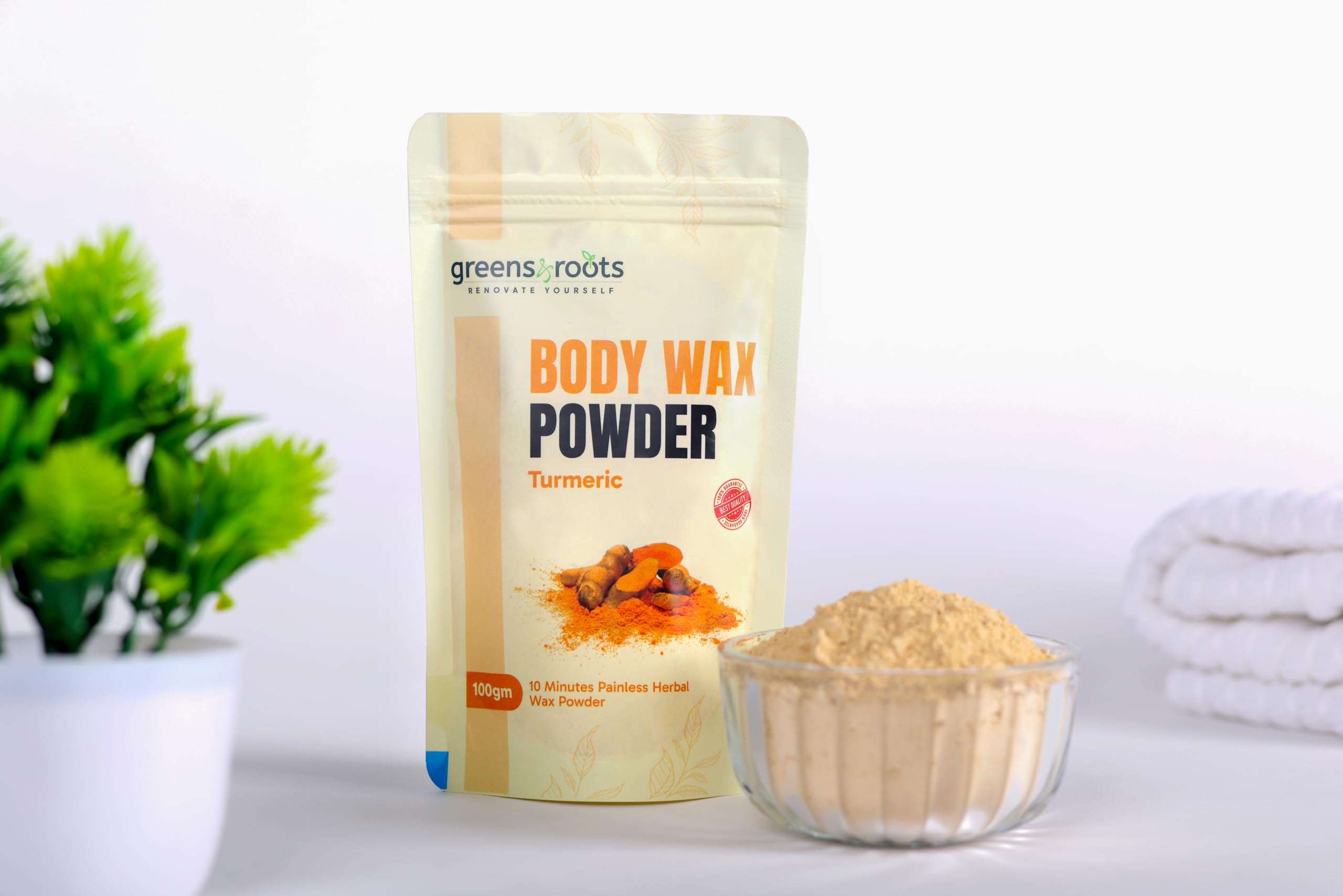 GREENS & ROOTS Hair Removal Body Wax Powder Turmeric Flavour – Natural & Gentle Formula for Smooth Skin – Easy-to-Use Powder Wax | 100 gm 1