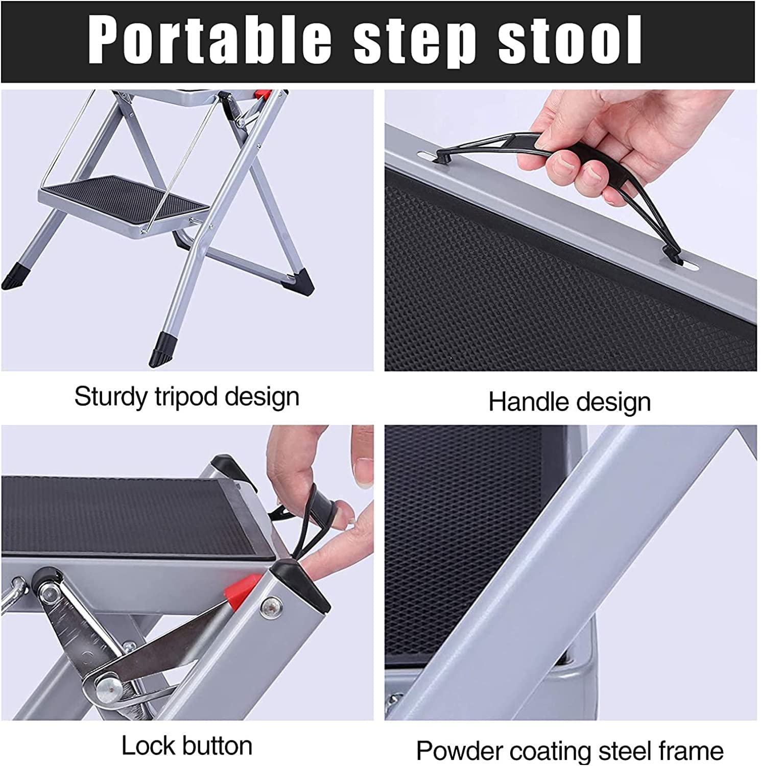 MAHVIW 2 Step Ladder Small Step Ladder, Double Side Folding Step Stool, 2 Step Portable Ladder with Handle, Large Platform, Slim Household Stepladder with Multifunction 6
