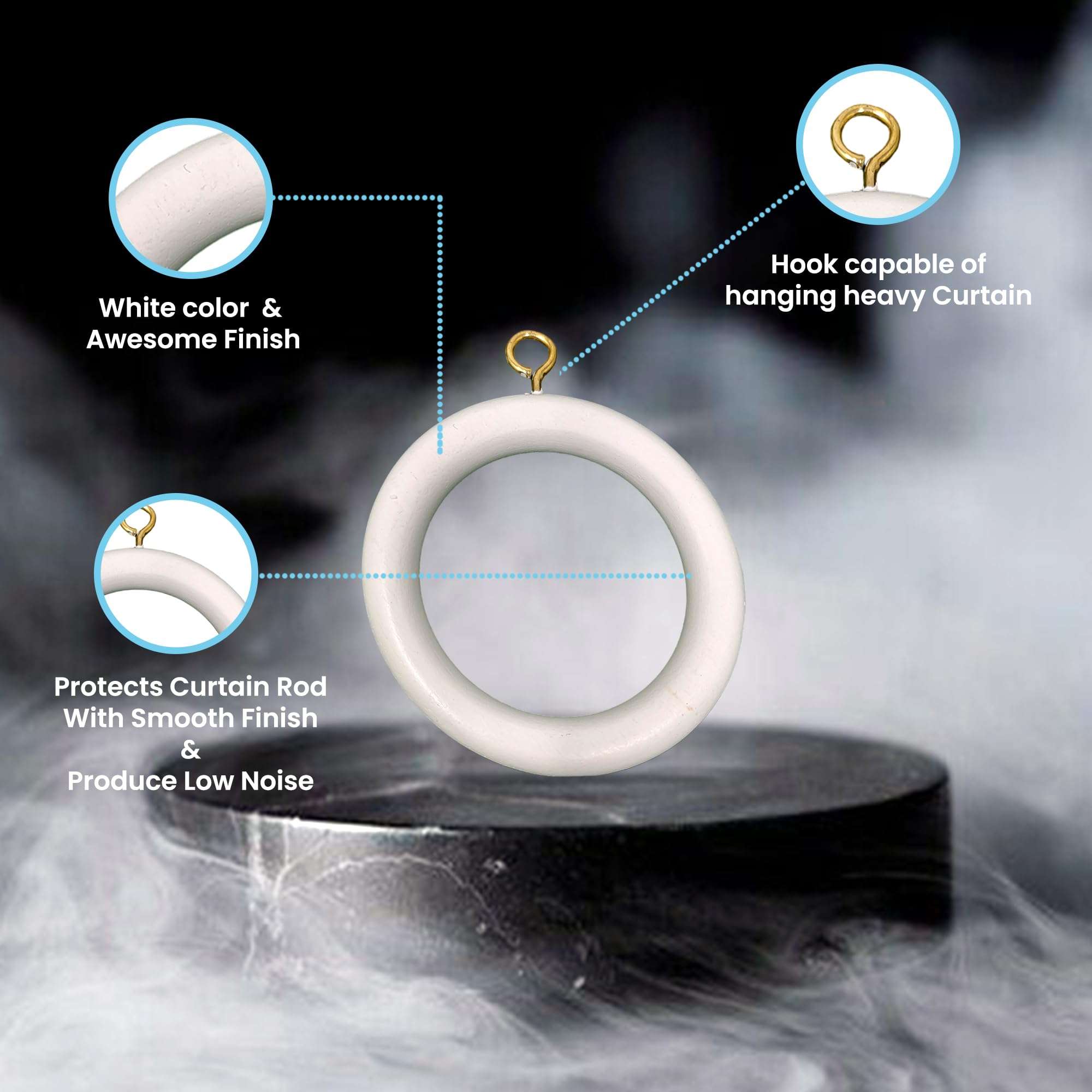 Premium 12 Pcs Wooden Curtain Rings Hooks Clips for Home Window Drapery Rod Pole | Pure White | Inner Dia Inner Dia 2.6, Outer Dia 3.5 Inch | Window Hanging Sucker Hook 6