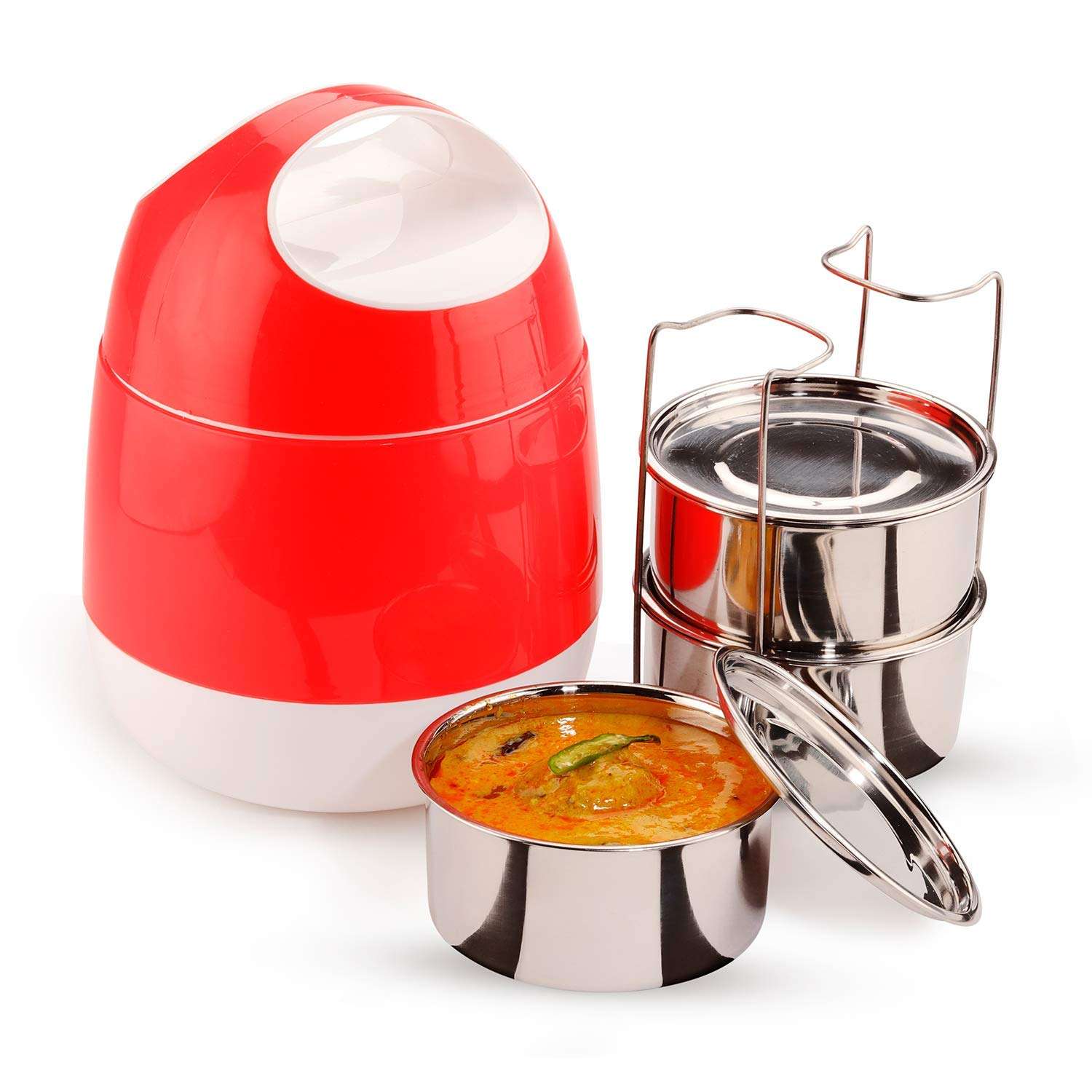 SOPL- Oliveware (logo) with Device Marvel Lunch Box | 3 Stainless Steel Containers | College & Office | Insulated Container | Leak Proof & Sturdy | Full Meal & Easy to Carry (Cherry) 4