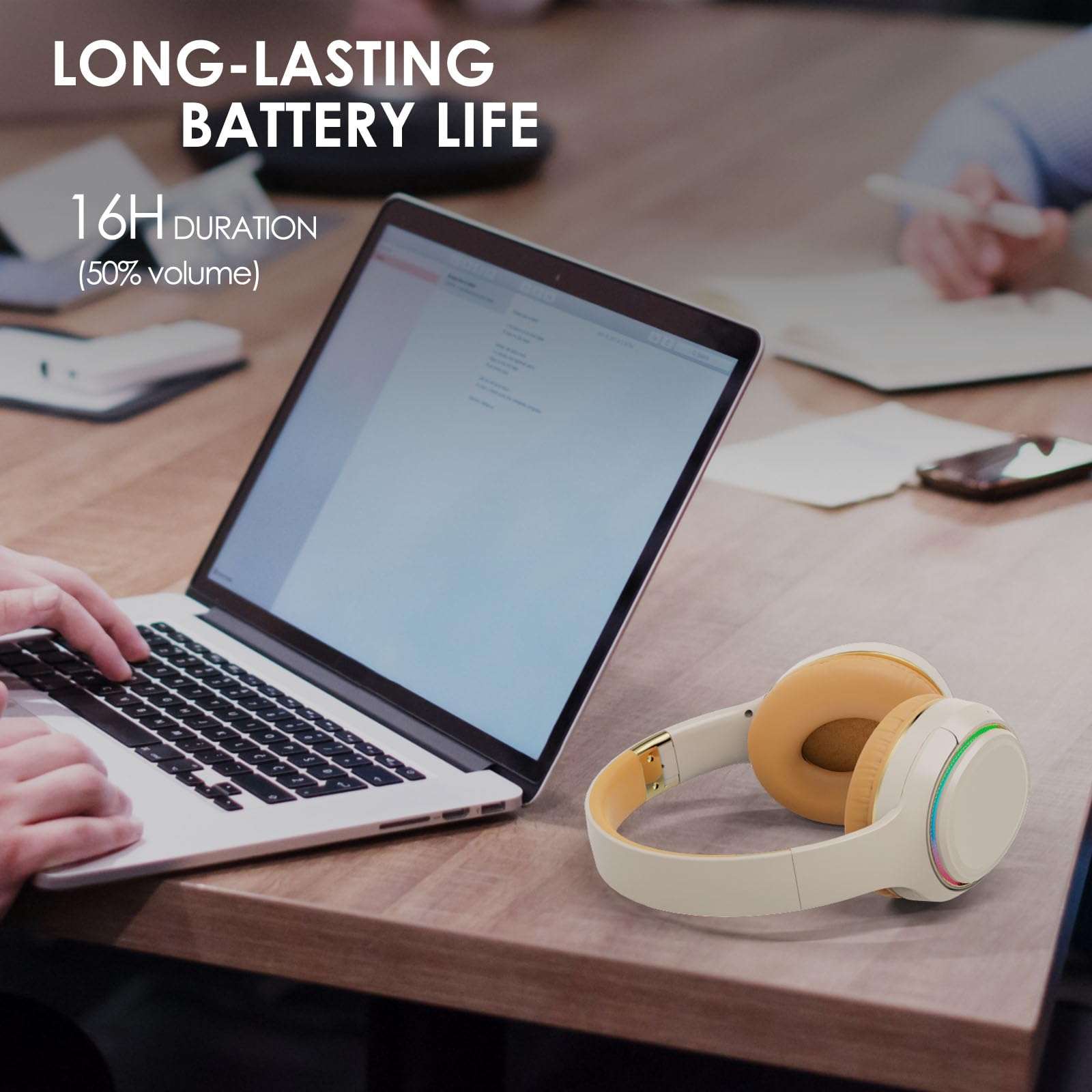 OOYY Foldable Over-Ear Headphones with Hidden Mic for Cell Phone, Wireless Bluetooth Headphones with RGB LED Lighting (Khaki) 4