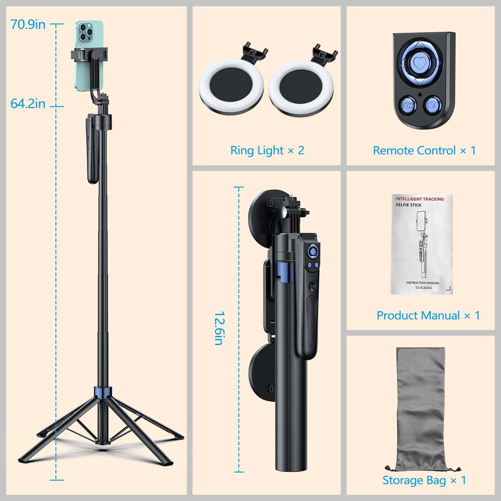 Smart Face Tracking Tripod Selfie Stick with LED Light, 360° Rotating 70" Phone Camera Stand with Bluetooth Remote, Perfect for Video Recording, Live Broadcast, and Social Media Content 4