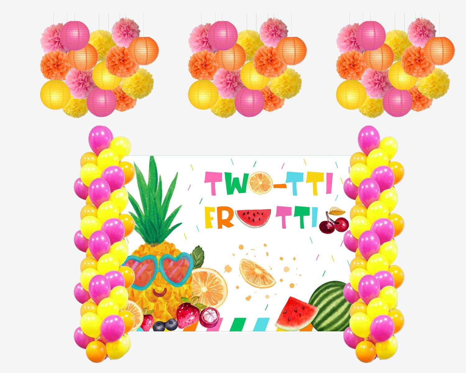 Theme My Party Theme My Party Combo Kit -"Twotti Fruity "Decoration Kit with Backdrop ,Balloons and Pom Pom /Lanterns" (7ft X 5ft) 1