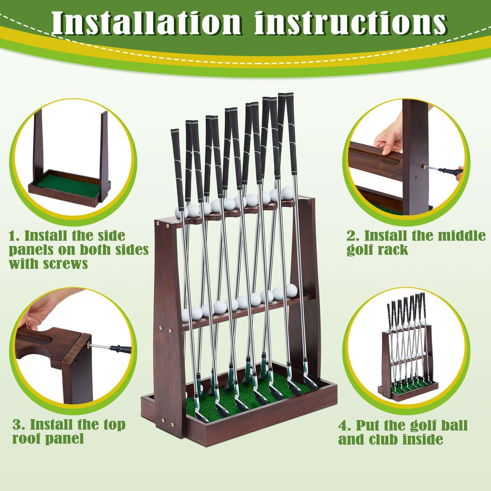 Lenwen Golf Club Rack Wooden Golf Putter Stand Holder Indoor Display Rack Holds 13 Clubs and 20 Golf Balls for Club Home Golf Simulators, Brown 3