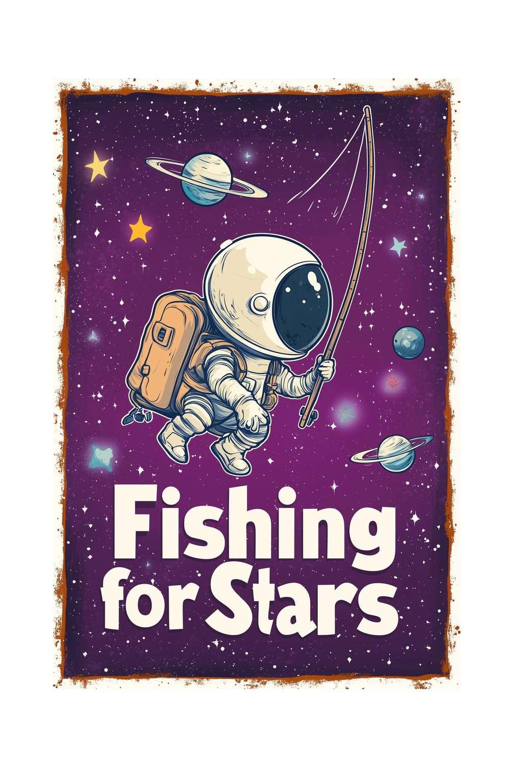 Korrazi Astronauts-Signs Outer-Space Metal-Arts Universe-Poster, Fishing for Stars, Planet Positive Wall Decor Plaque for Boys Kids Nursery, Game room 8 X 12 Inches 1