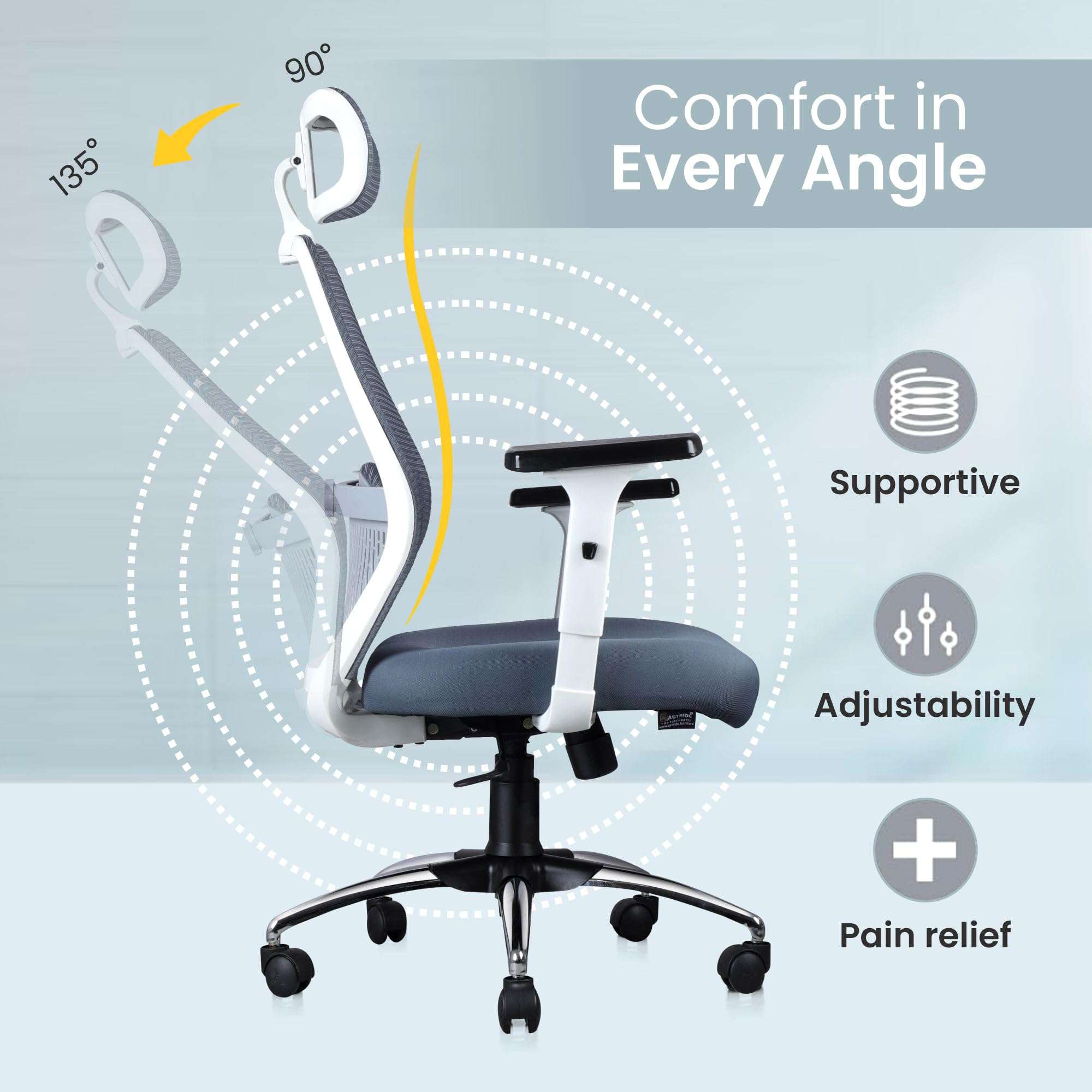 ASTRIDE Octave BIFMA Certified Ergonomic Office Chair for Work | 2D Adjustable Soft Armrest, 2D Headrest & 2D Lumbar Support | Single Tilt Lock Mechanism [Heavy Duty Metal Base, White-Grey] 6