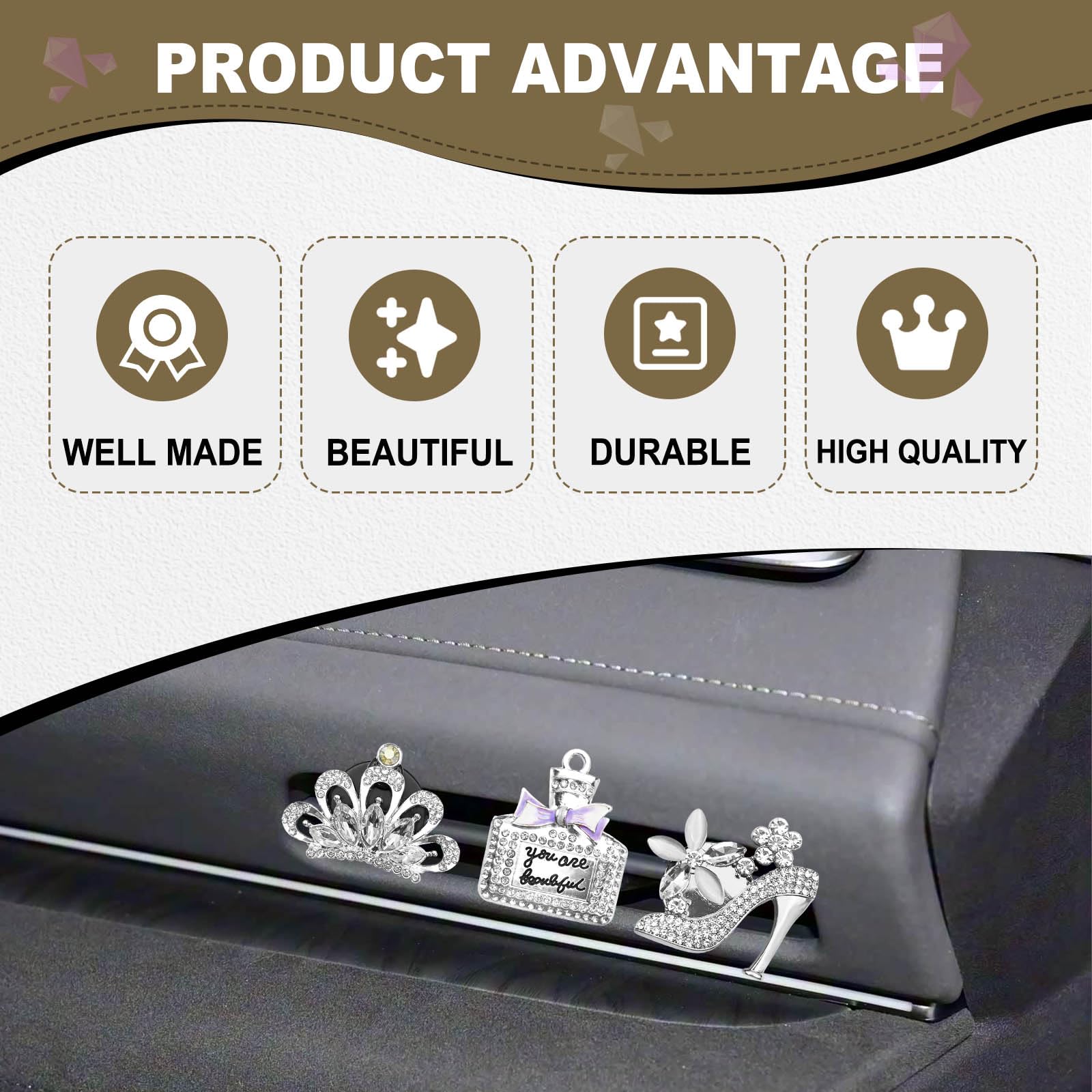 4PCS Bling Air Freshener Vent Clip, Crystal Rhinestone Heels Bag Crown Perfume Bottle Dashboard Air Vent Trim Clips, Cars Accessories Interior Decor (Sliver) 6