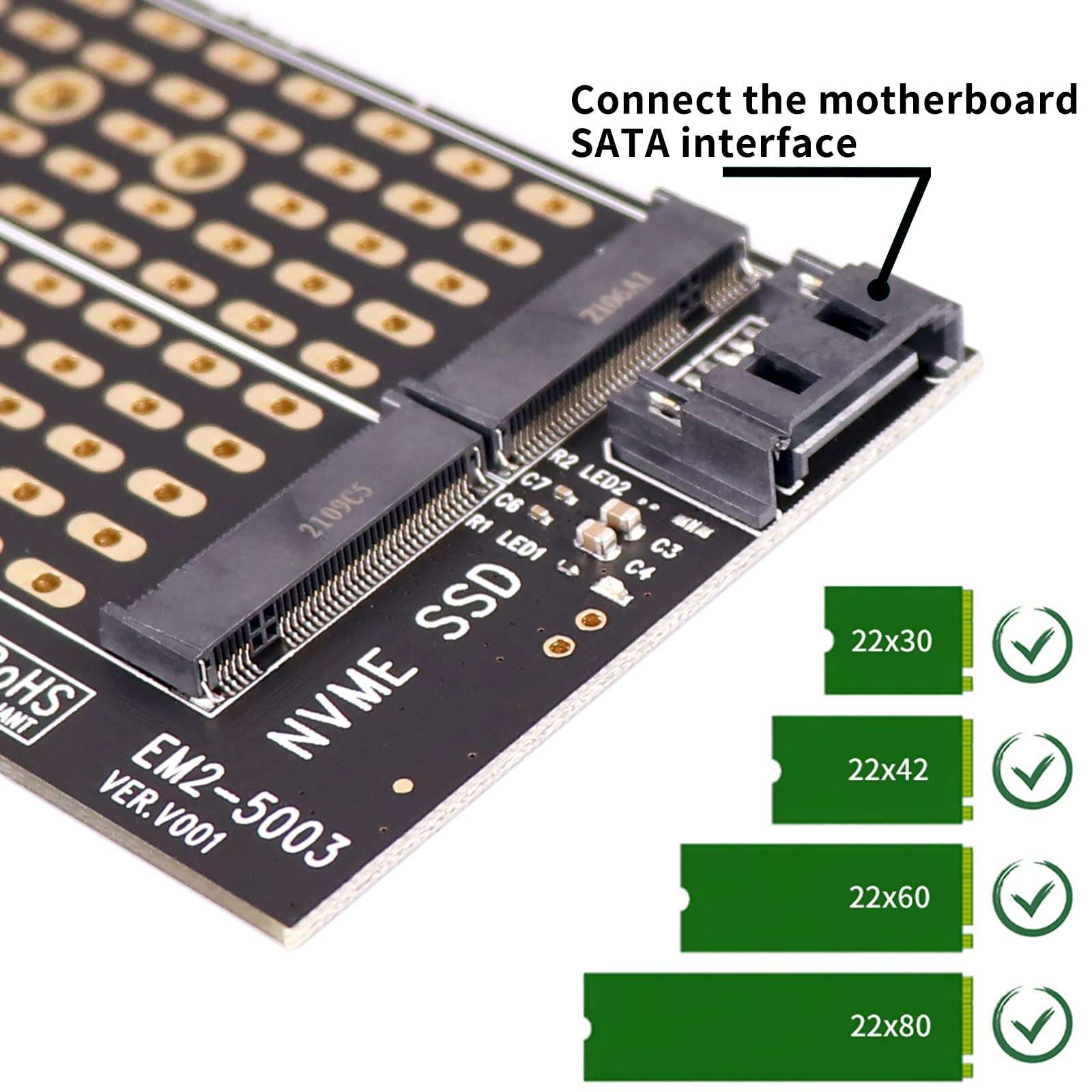 M.2 NVMe PCIe Adapter,Dual M2 SATA B Key and NVMe M Key to PCI-e x4 Adapter Card for 2280 2260 2242 2230 SSD, with M.2 Heatsink 5