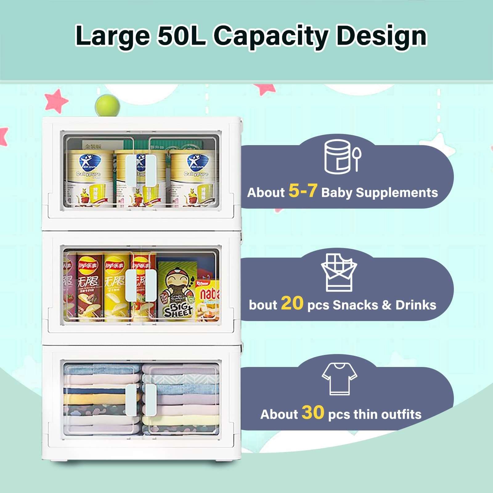 Wardrobe storage organiser, 3 Pack Foldable Storage Boxes Large 50L*3 Stackable Collapsible Clear Storage Boxes Organizer 50 * 36 * 90cm, Front Door Opening for Easy Access, Movable Foldable Container 5