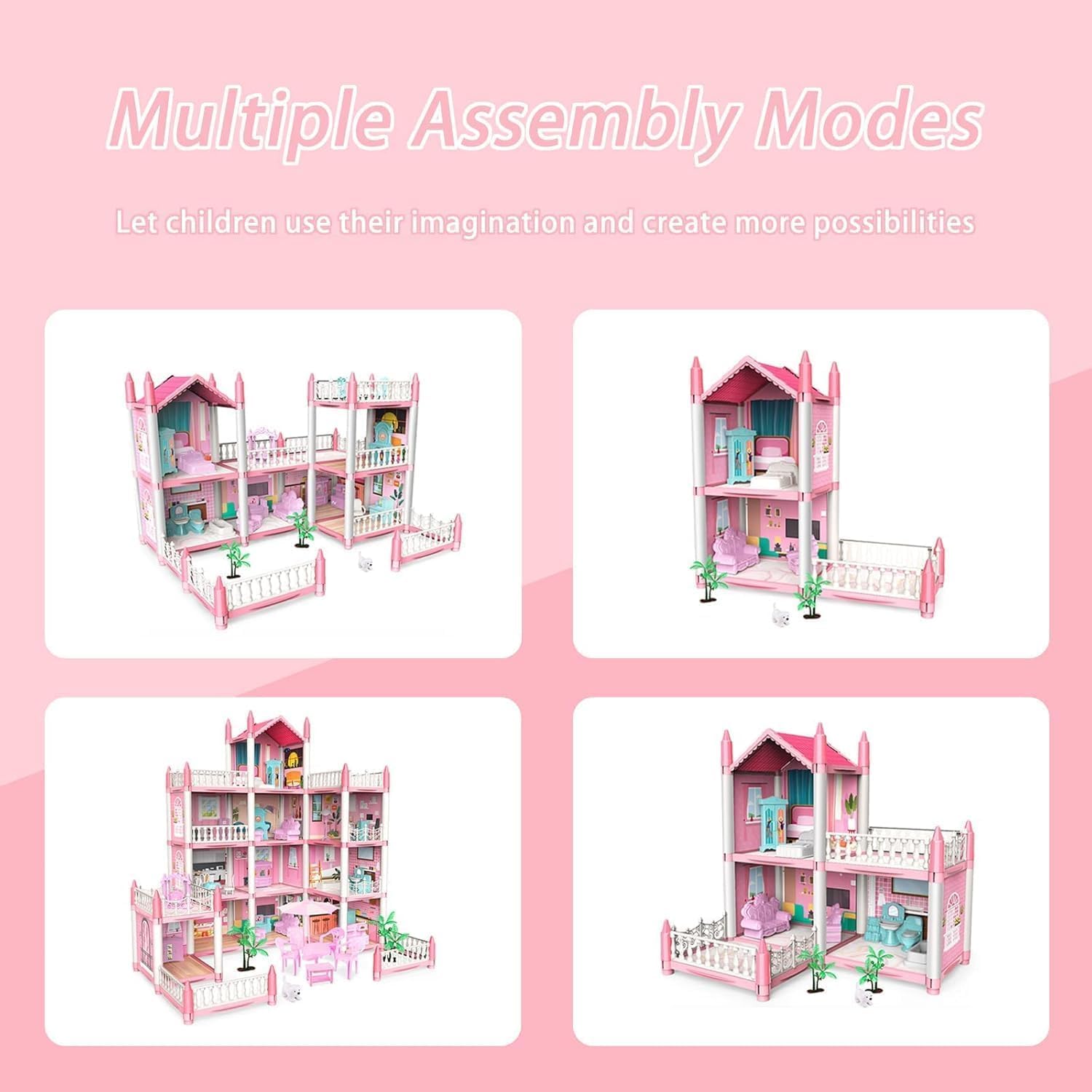 Junona Doll House,Dream House for Girls Pretend-Play DIY Dollhouse Kit,3-Story 9 Rooms Playhouse with 3 Dolls Toy Figures, Furniture and Accessories Set Gift Toy for Kids Ages 3 4 5 6 7 8+ 5