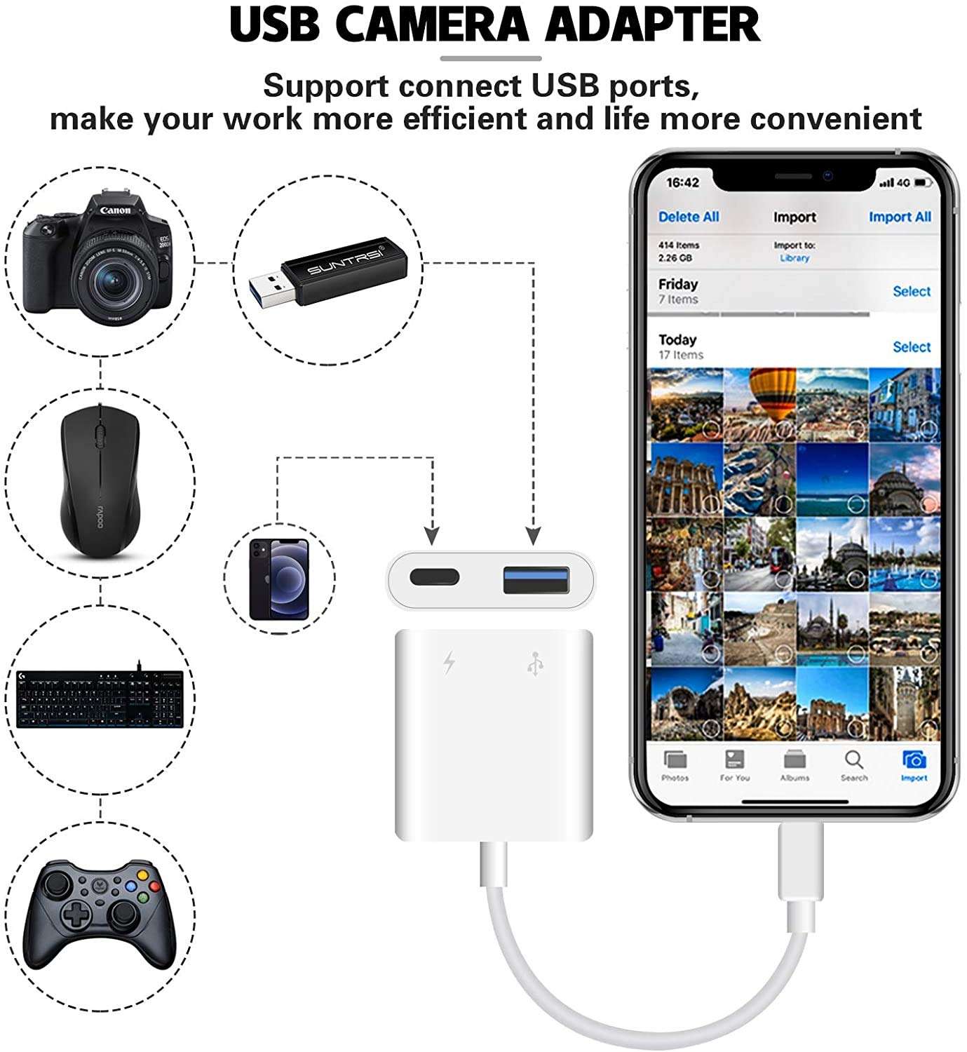 [Apple MFi Certified] Lightning to USB Camera Adapter for iPhone, OTG Adapter With Fast Charging Port, Compatible With iPhone/iPad/Card Reader/Flash Drive/Keyboard/Mouse - Plug and Play 3