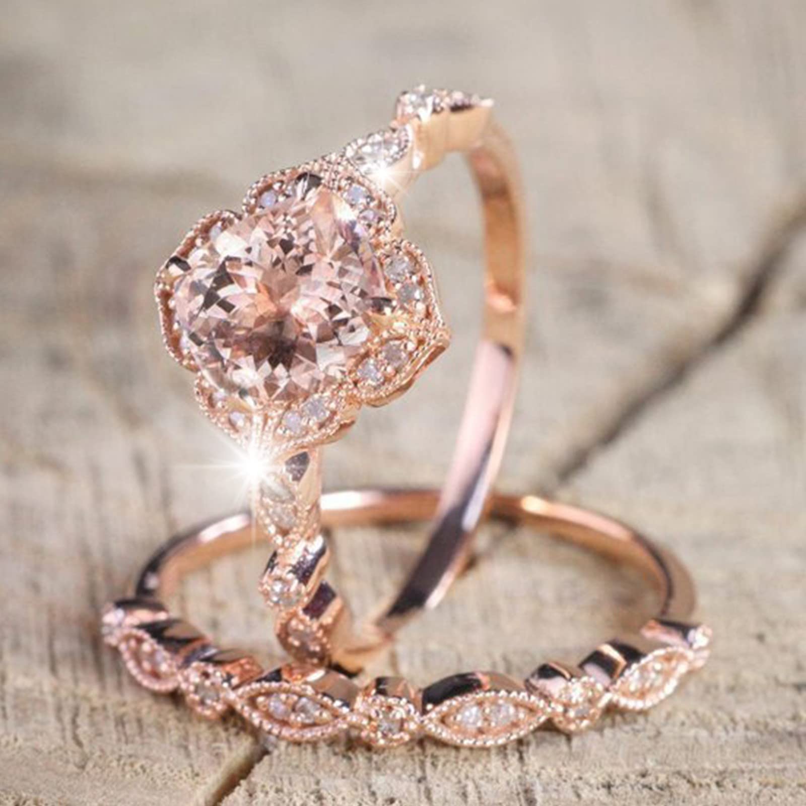 Flower Shape Rose Gold Ring Rhinestone Engagement Ring Wedding Ring Set Flower Rhinestone Ring Set Full Diamond Ring Size 5 10 Cute Small Rings (Rose Gold, 7) 3