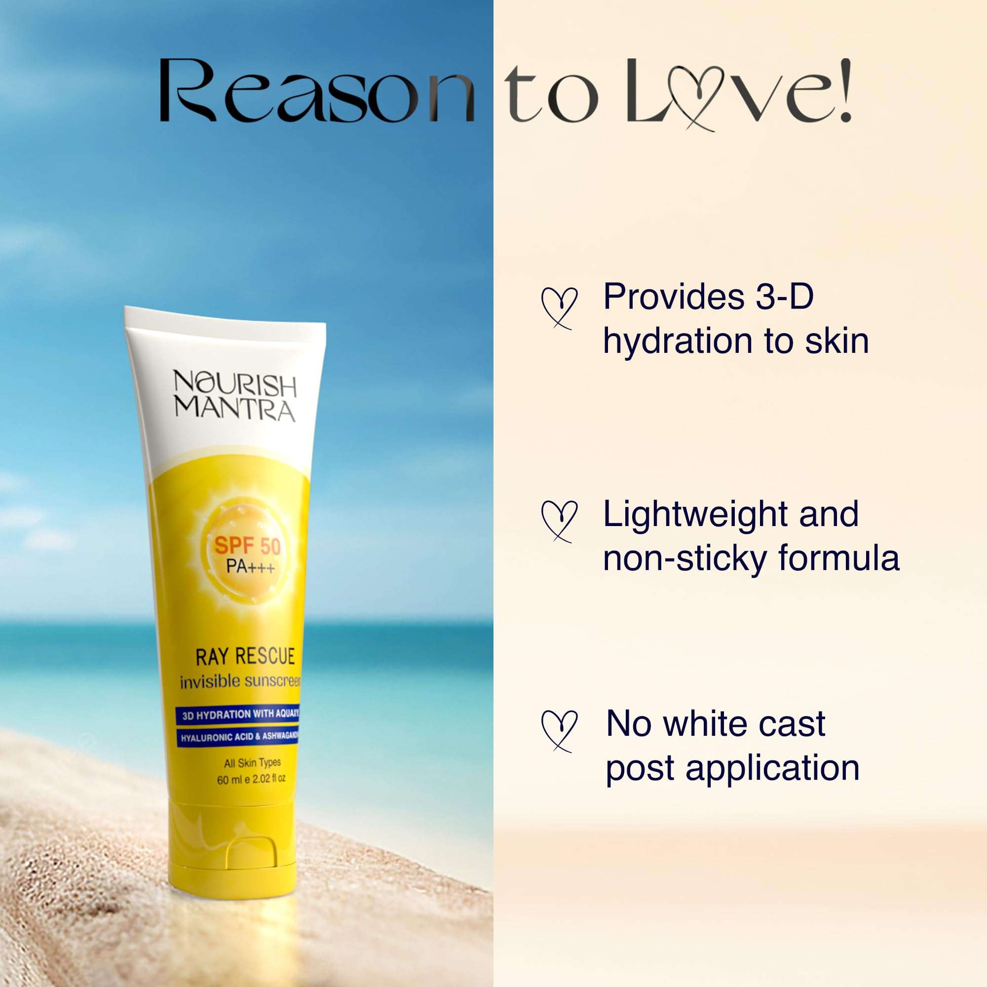 NOURISH MANTRA Ray Rescue Sunscreen/Sunscreen SPF 50/ With Hyaluronic Acid, Aquaxyl, Aloe Vera Extracts & Ashwagandha Extracts/No White Cast, (60 ml (Pack of 1)) 4
