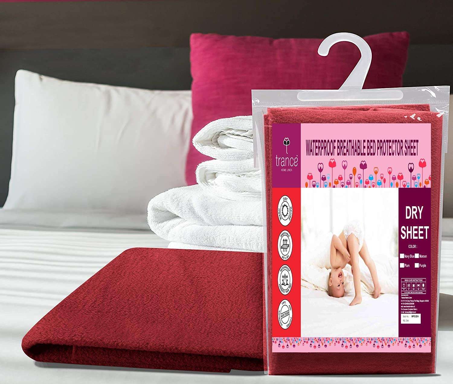 Trance Water Proof Bed Dry Sheets for Kids | Baby Bed Protectors | Mattress Protectors for New Born Children | Bedsheet Cover Mats for Wet (90x182 cm, Single, Maroon) 6