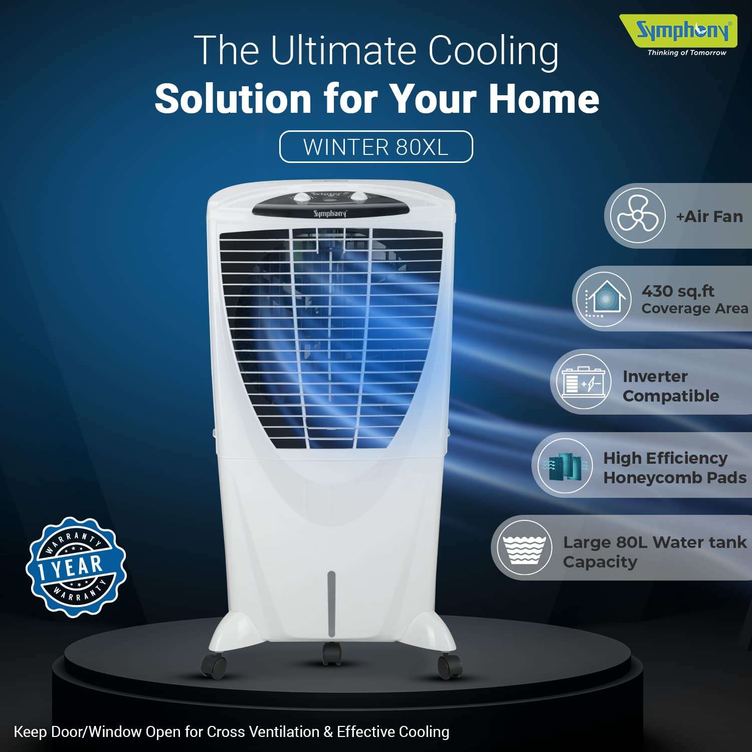 Symphony Winter 80XL+ Desert Air Cooler for Home with 4-Side Honeycomb Pads, Powerful +Air Fan, i-Pure Technology and Whisper-Quiet Performance (80L, White) 3