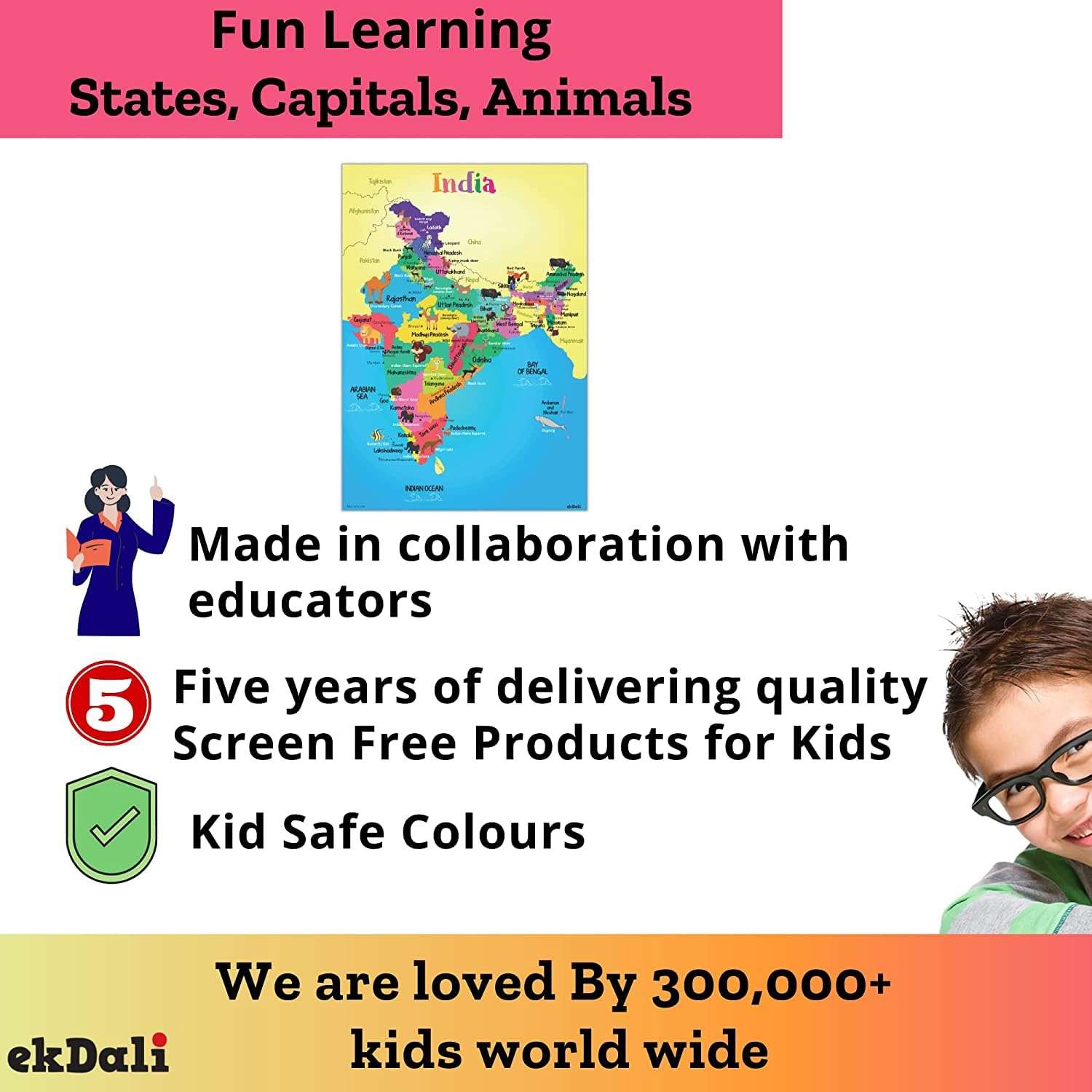 EKDALI India States of India Map with Animals Poster for Kids | Educational Learning India | india map for kids for Kids, Boys, Girls & Children Size :-16.5 X 23.4 inches (Multicolor) 6