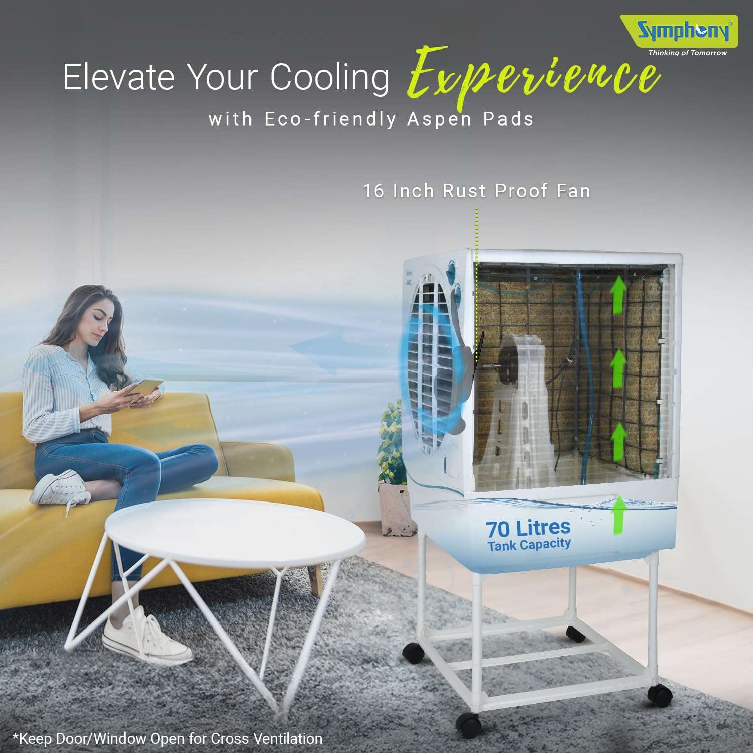 Symphony Jumbo 70 Desert Air Cooler for Home with Aspen Pads, Powerful Fan, Cool Flow Dispenser and Free Trolley (70L, White) 3