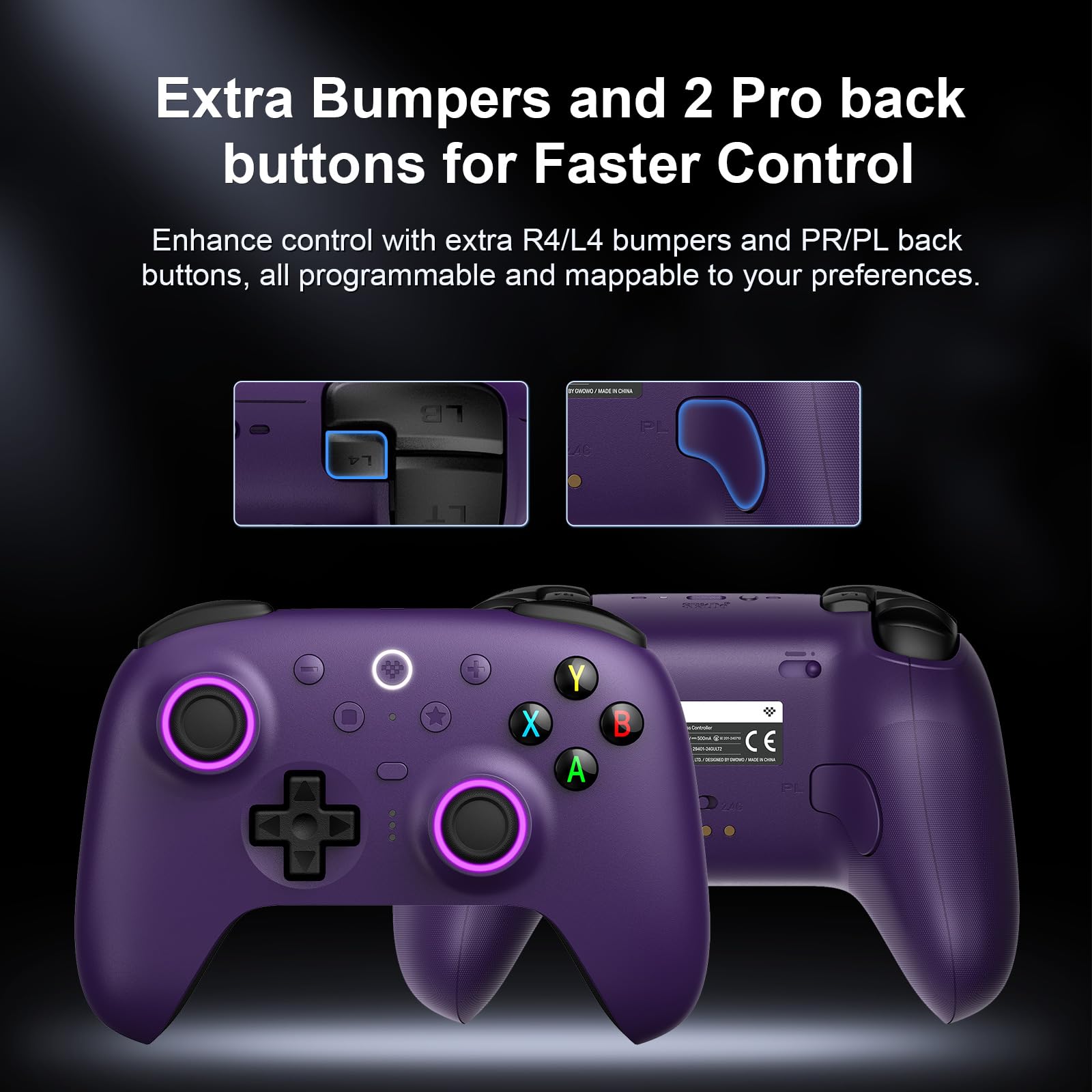 8BitDo Ultimate 2 Wireless Controller for Windows, Android, Steam Deck, TMR joysticks, 1000Hz Polling Rate, Tactile/Hall Triggers, Motion Control, Programmable Back Paddle Buttons&L4/R4 Bumpers,Purple 6