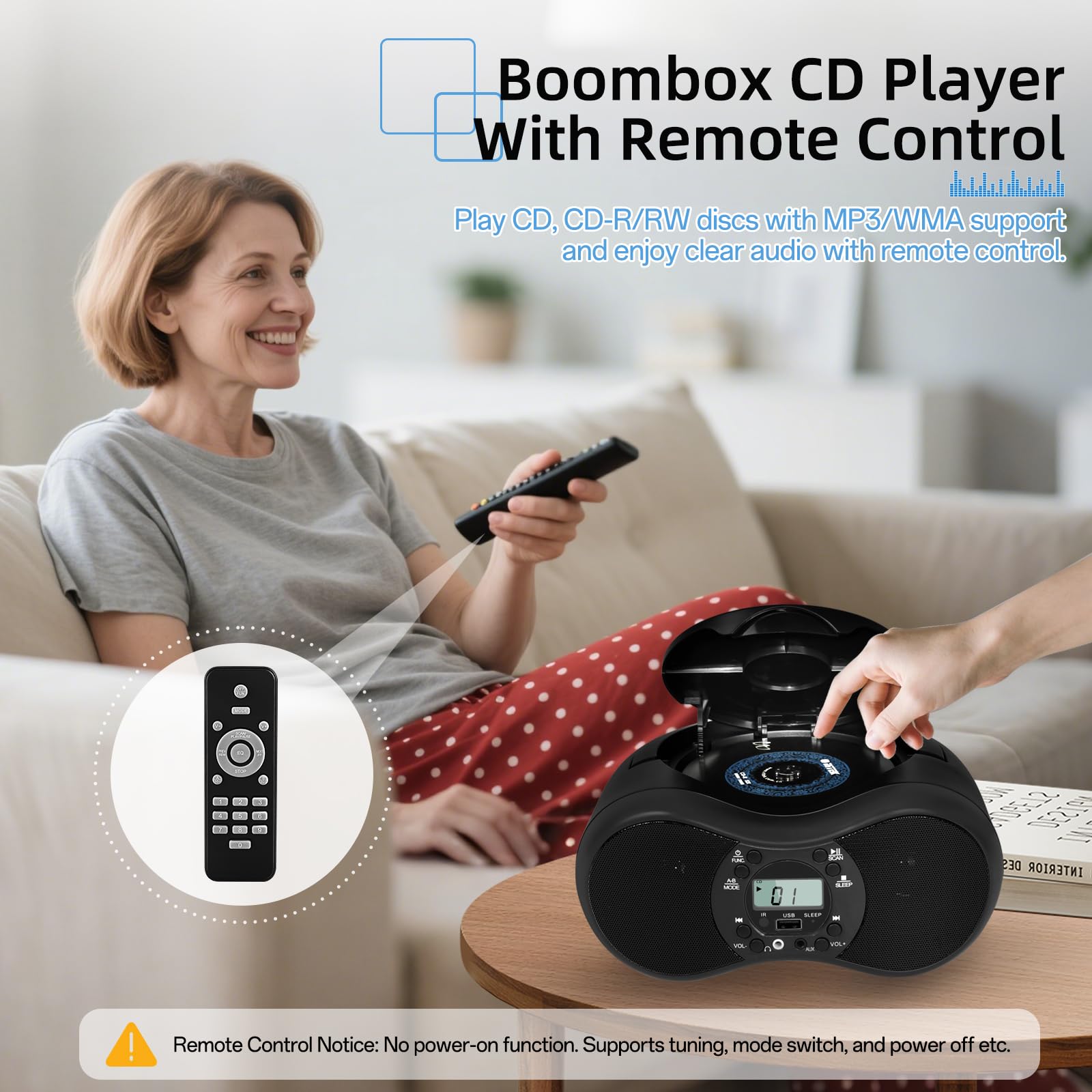 DGXWLLW Portable CD Player Boombox for Home with FM Radio, CD-R/CD-RW/MP3 CDs Playback, Remote Control, Bluetooth, USB Port, 3.5mm AUX-in & Headphone Jack, LCD Display, Sleep Timer, Dual Stereo Sound 5