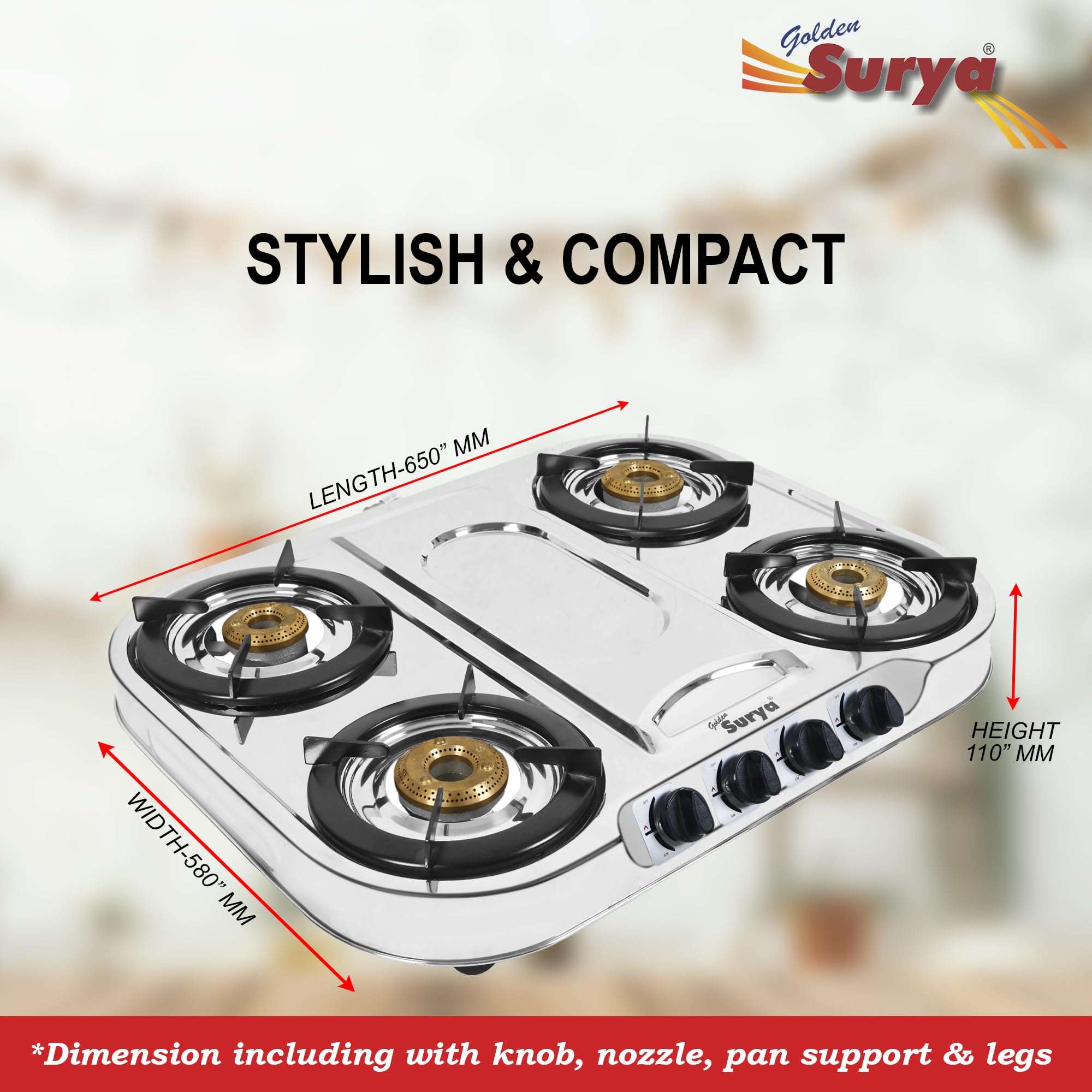GOLDEN SURYA Classic Premium Stainless Steel Frame, Manual Ignition, 18 Months Warranty, BIS Certified, 4 Burner Gas Stove (Magma) 3