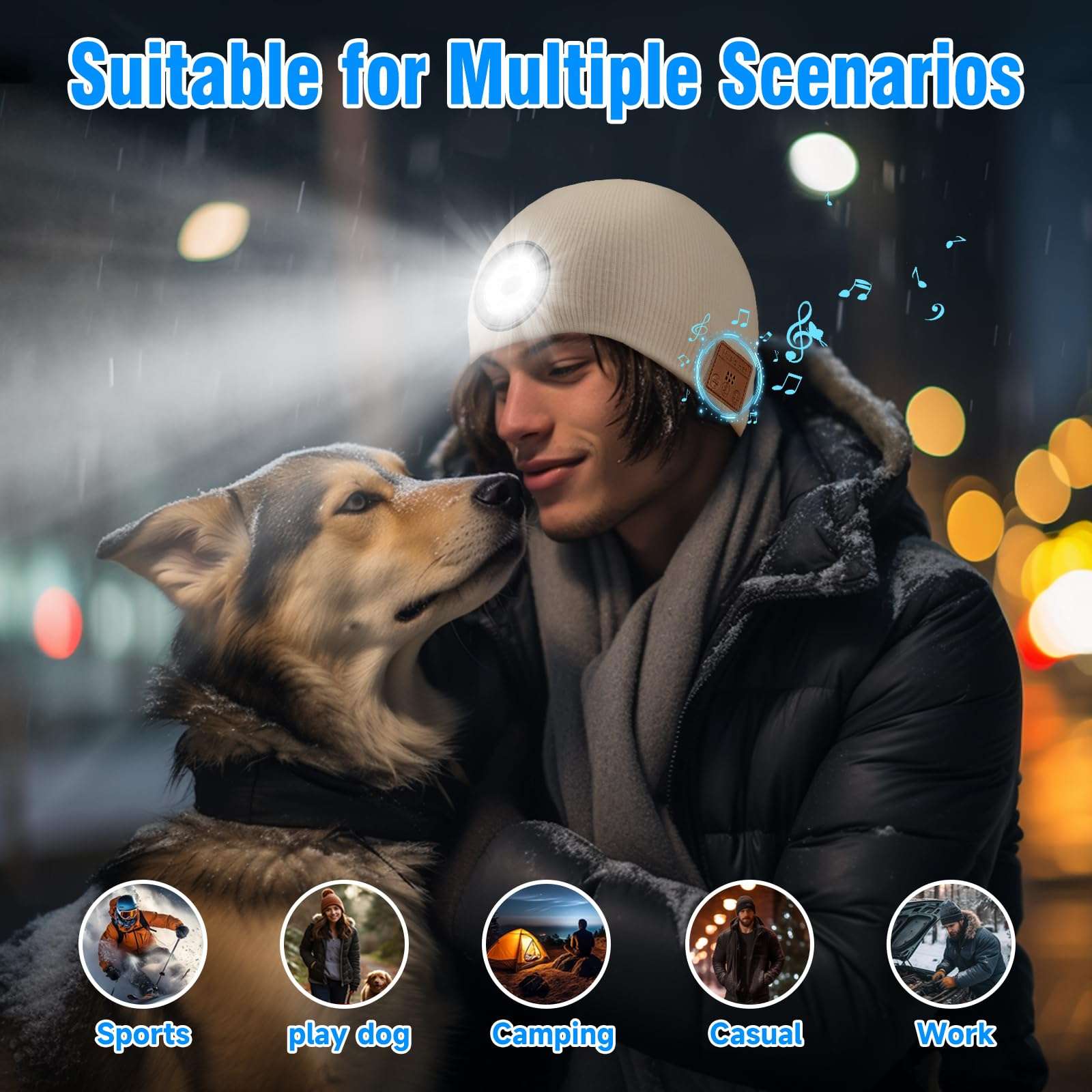 TOUCH TWO Bluetooth Beanie Hat with LED Light Wireless Musical Knitted Cap with Headphone Stereo Speakers & Mic for Running Hiking Jogging White 5