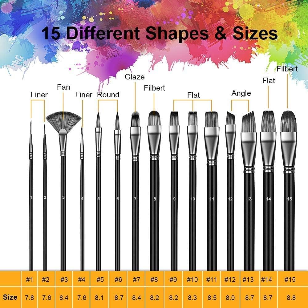 ARROLLIANT 15-Piece Paint Brush Set for Acrylic & Watercolor, Featuring Multiple Shapes, Palette Knife, Sponge, and Wooden Portable Carrying Case 3