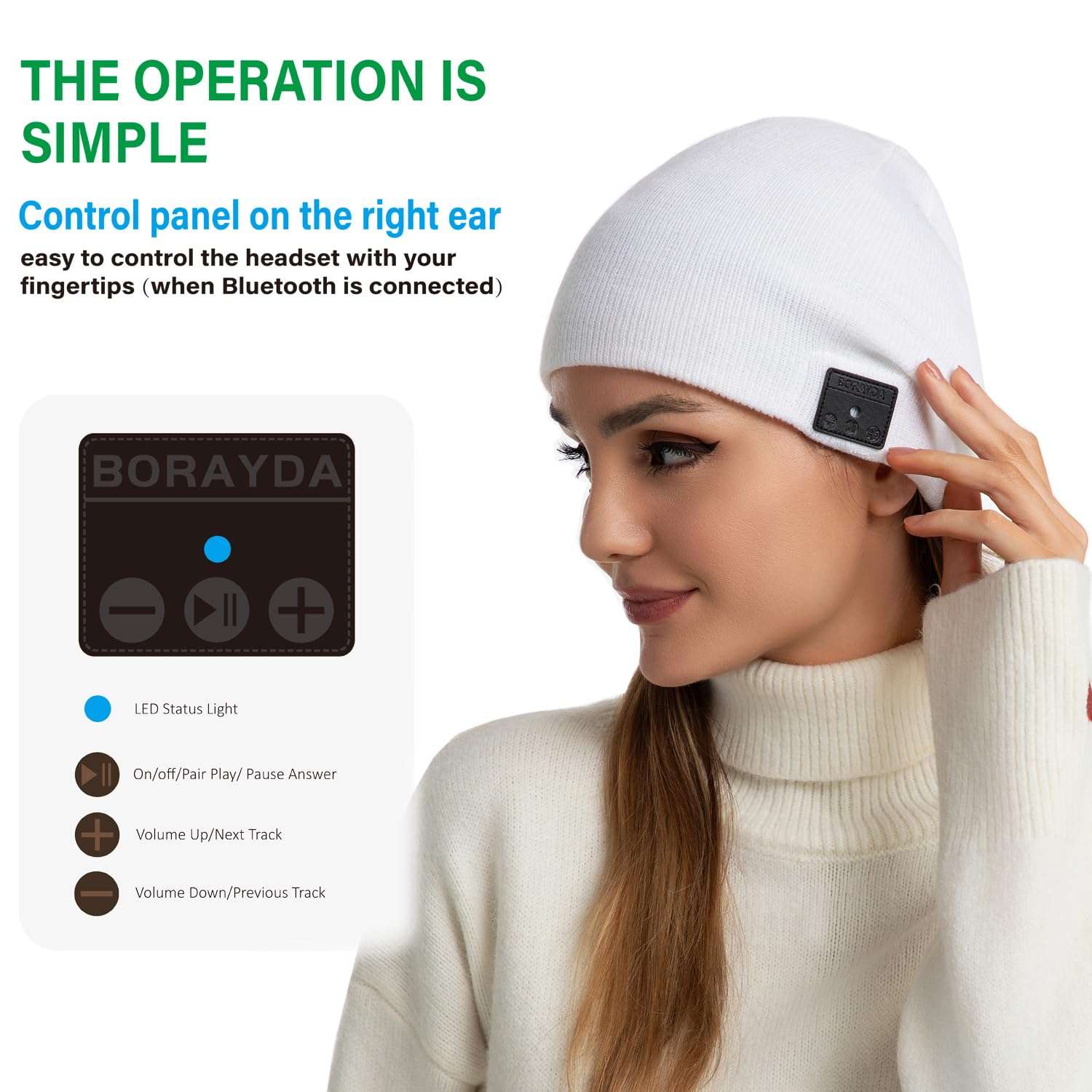BORAYDA Bluetooth Beanie, HD Stereo, Built-in Mic, Men's/Women's Christmas Electronic Gifts (White) 6