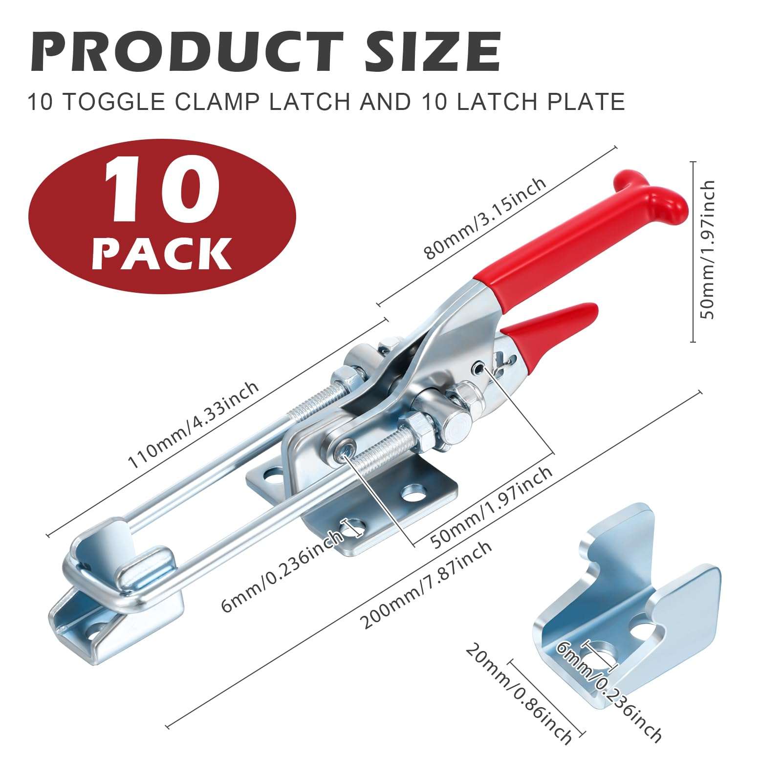 Yaocom 10 Pack 2000lbs Toggle Clamp 431 Heavy Duty Toggle Latch Clamp Adjustable U Bolt Self Lock Latch for Tire Carrier, Trailer and Door Hardware, Smoker Lid and More 7.87 Inch(433 Type) 2