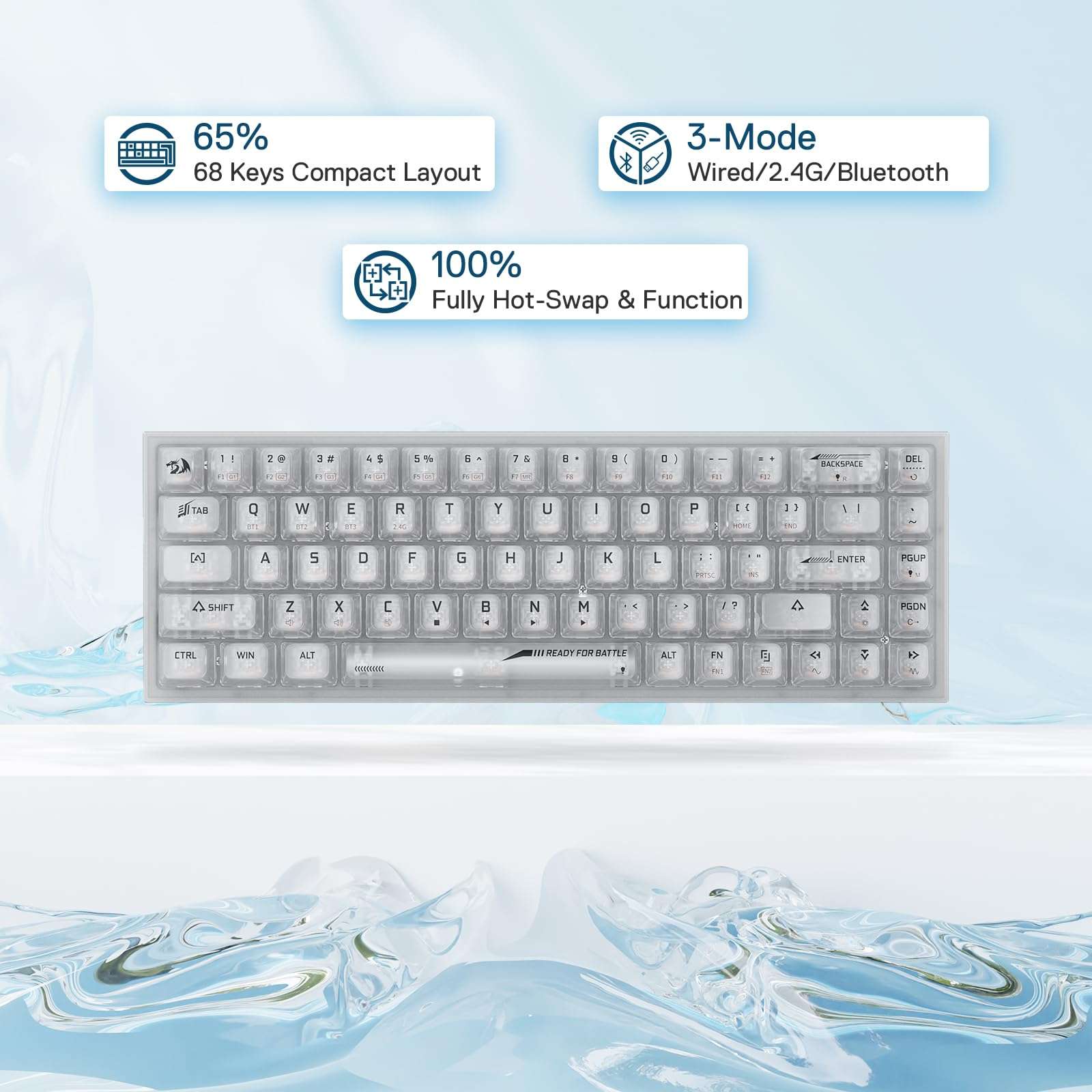 Redragon K631 PRO 65% 3-Mode Wireless RGB Gaming Keyboard, 68 Keys Compact Full-Transparent Mechanical Keyboard w/Hot-Swap Free-Mod PCB Socket, Translucent Custom Switch - White 2