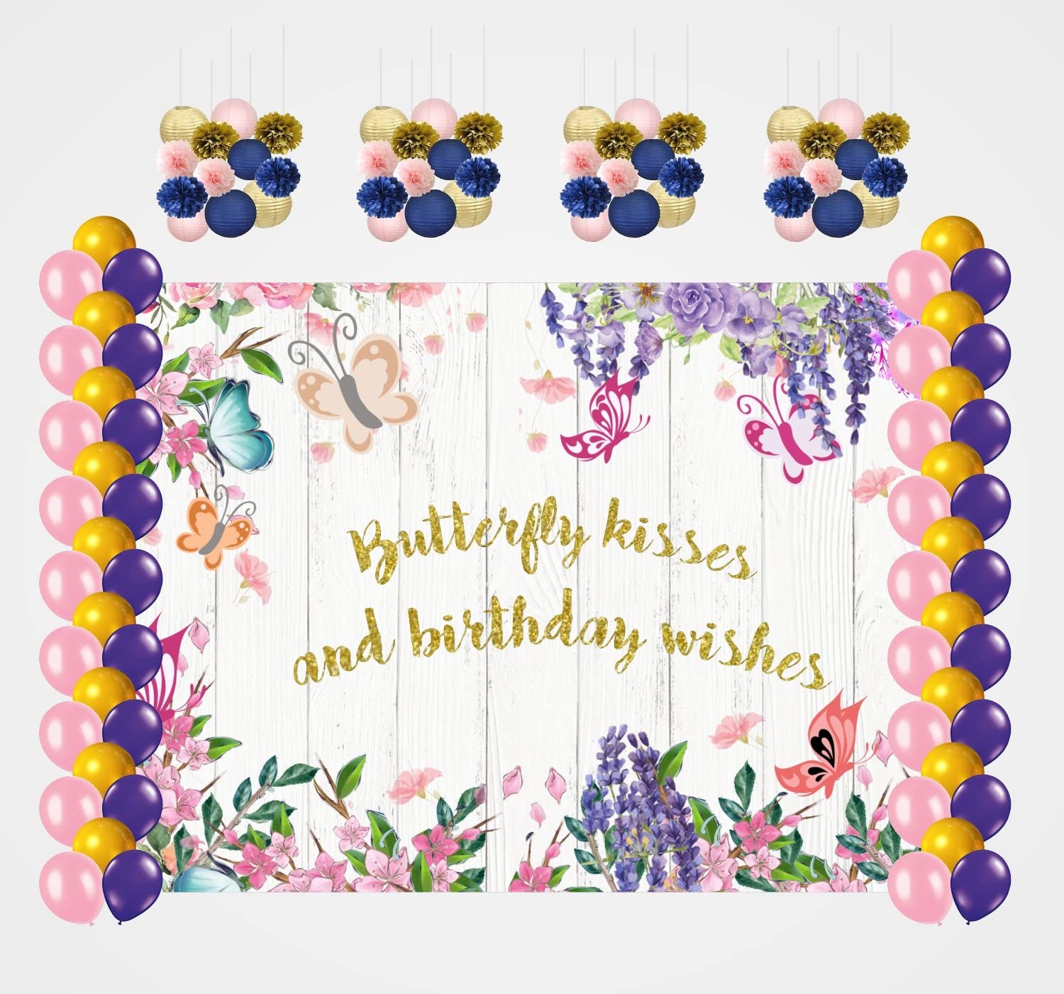 Theme My Party Combo Kit -"Butterfly & Fairies" Decoration Kit With Backdrop ,Balloons And Pom Pom /Lanterns" (6ft X 4ft) 1