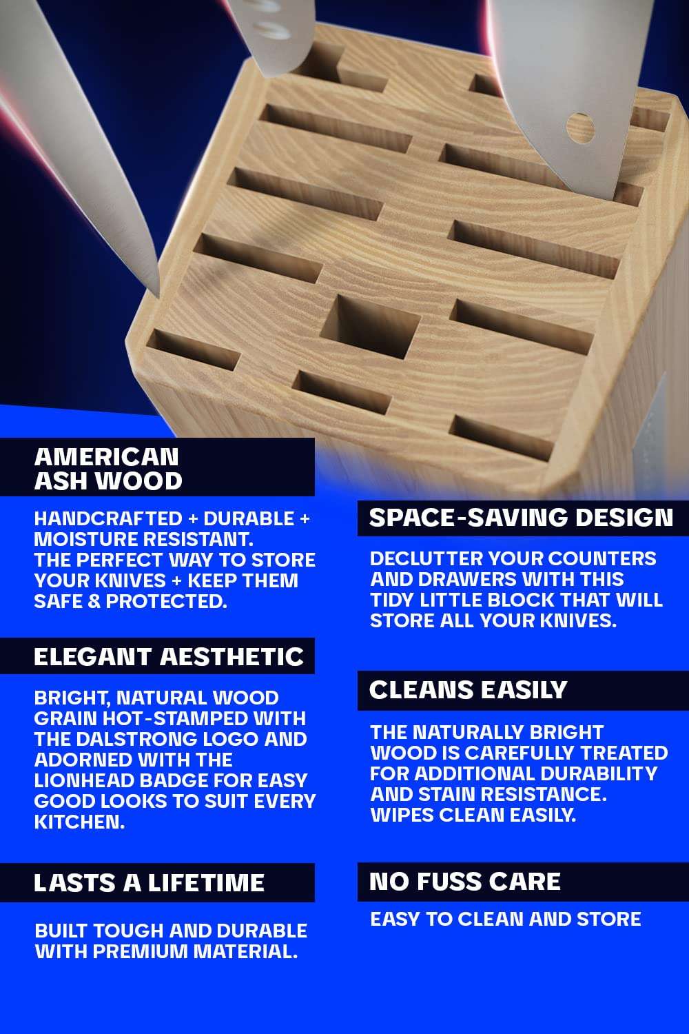 DALSTRONG Universal Knife Block - 18 Slots - Premium American Ash Wood - Aluminum Alloy Rim Kitchen Set - Lion Head Logo Badge - Premium Craftsmanship Knife Set - Angled For Ergonomics - Cleans Easily 5