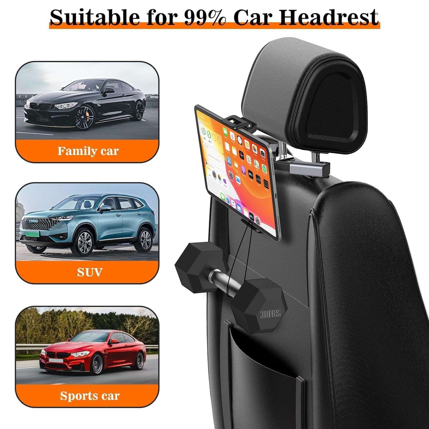 pora's Car Headrest Mount Tablet Holder Car Backseat Seat ipad Cell Phone Holder for Kids Universal 360° Rotating Adjustable for 4"-11" Tablet iPad Air iPad Mini Samsung Galaxy tabs Switch 4